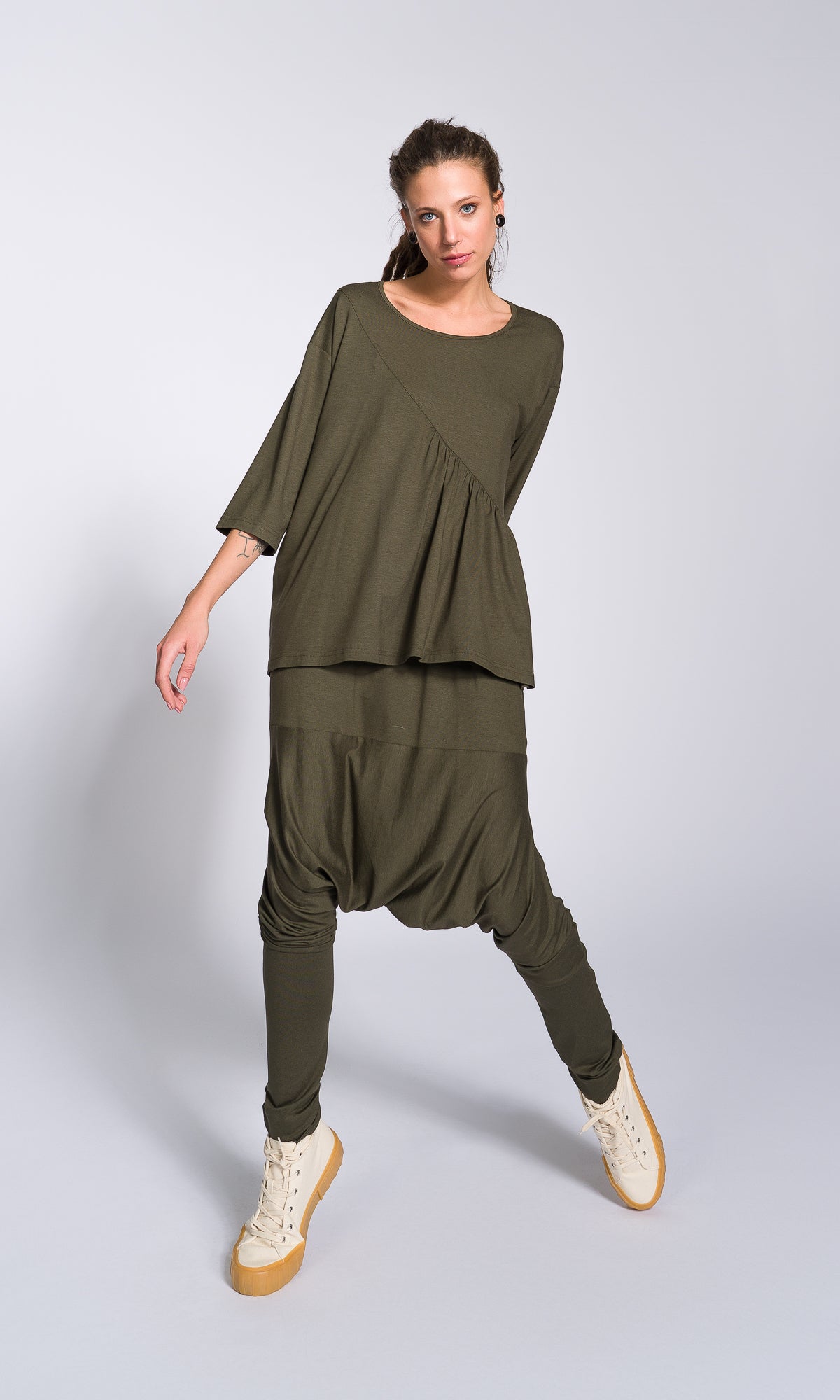 Two-piece Set of Blouse with Front Gathering and Loose Drop Crotch Pants - AAKASHA