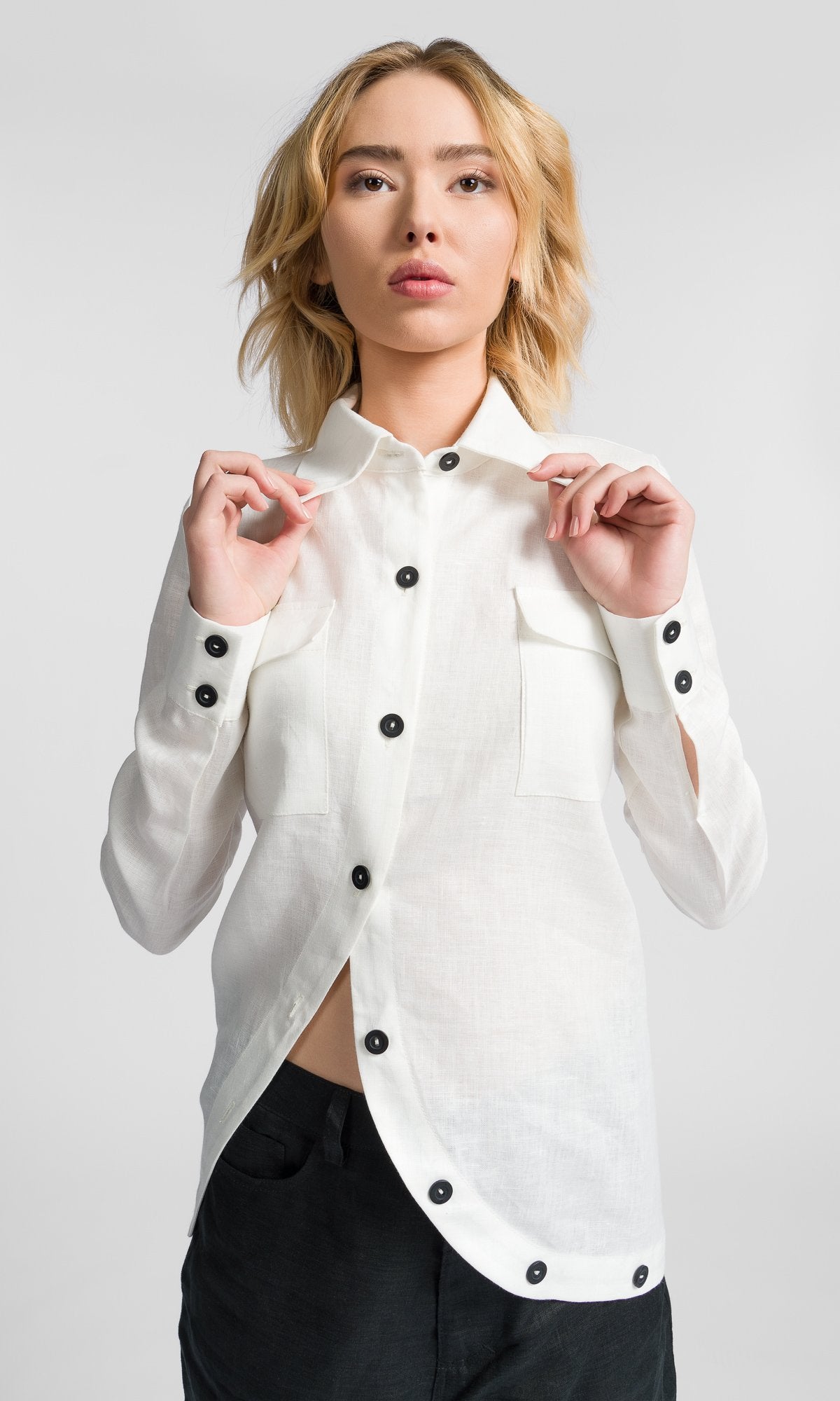 Linen Shirt with Asymmetric Closure - AAKASHA