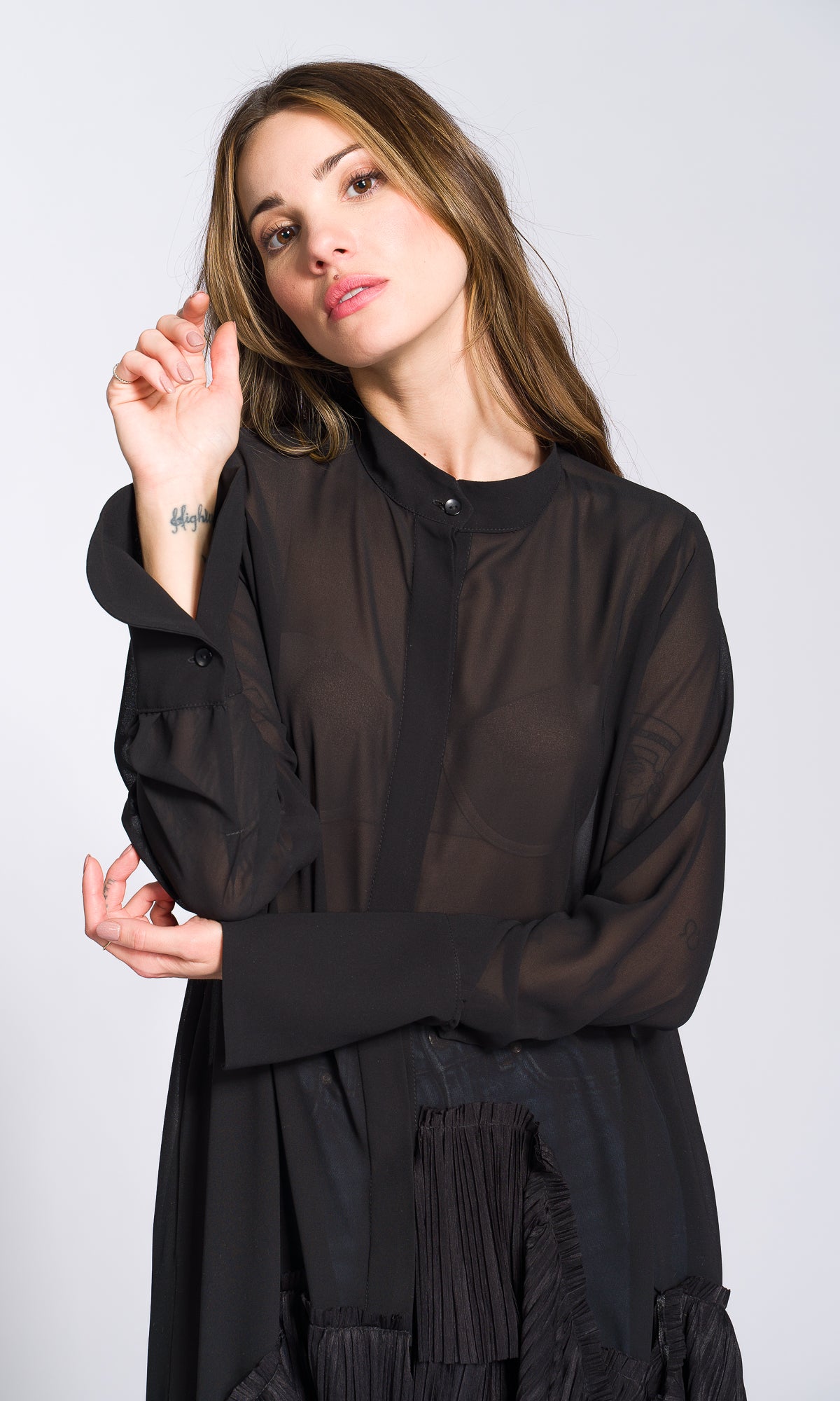 Pleated Hem Asymmetric Chiffon Shirt - AAKASHA