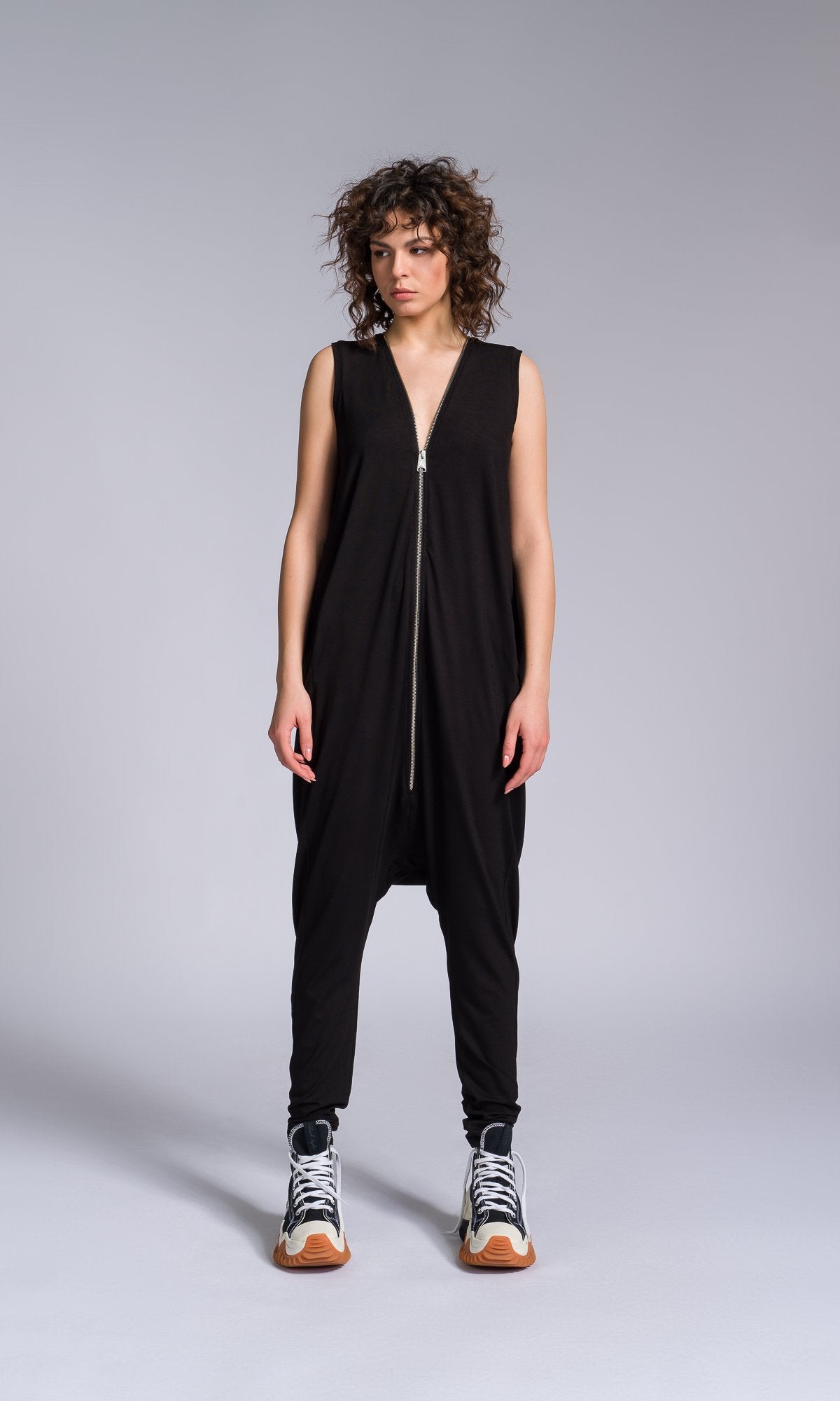 Jersey Zip-up Jumpsuit with Folded Sides