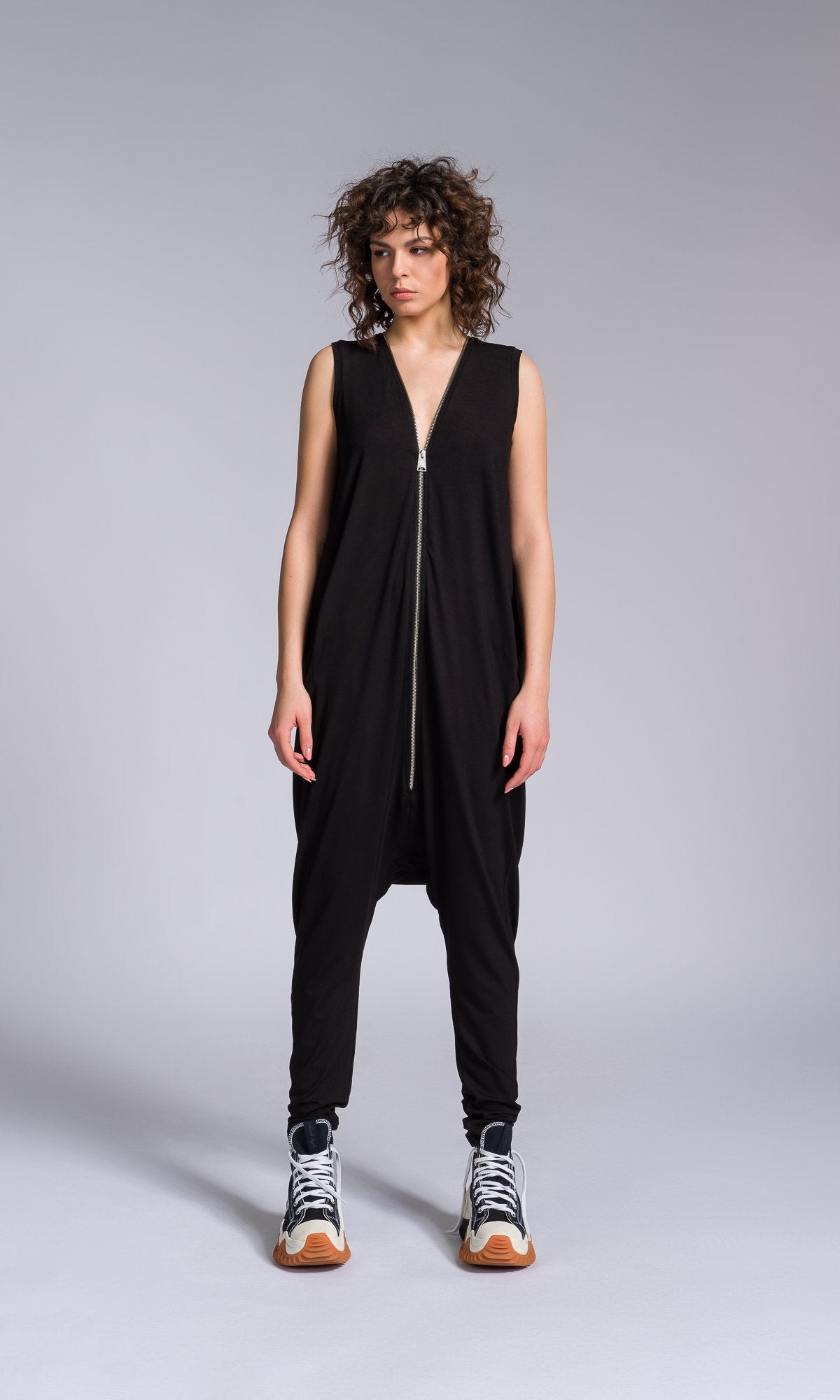 Jersey Zip-up Jumpsuit with Folded Sides - AAKASHA