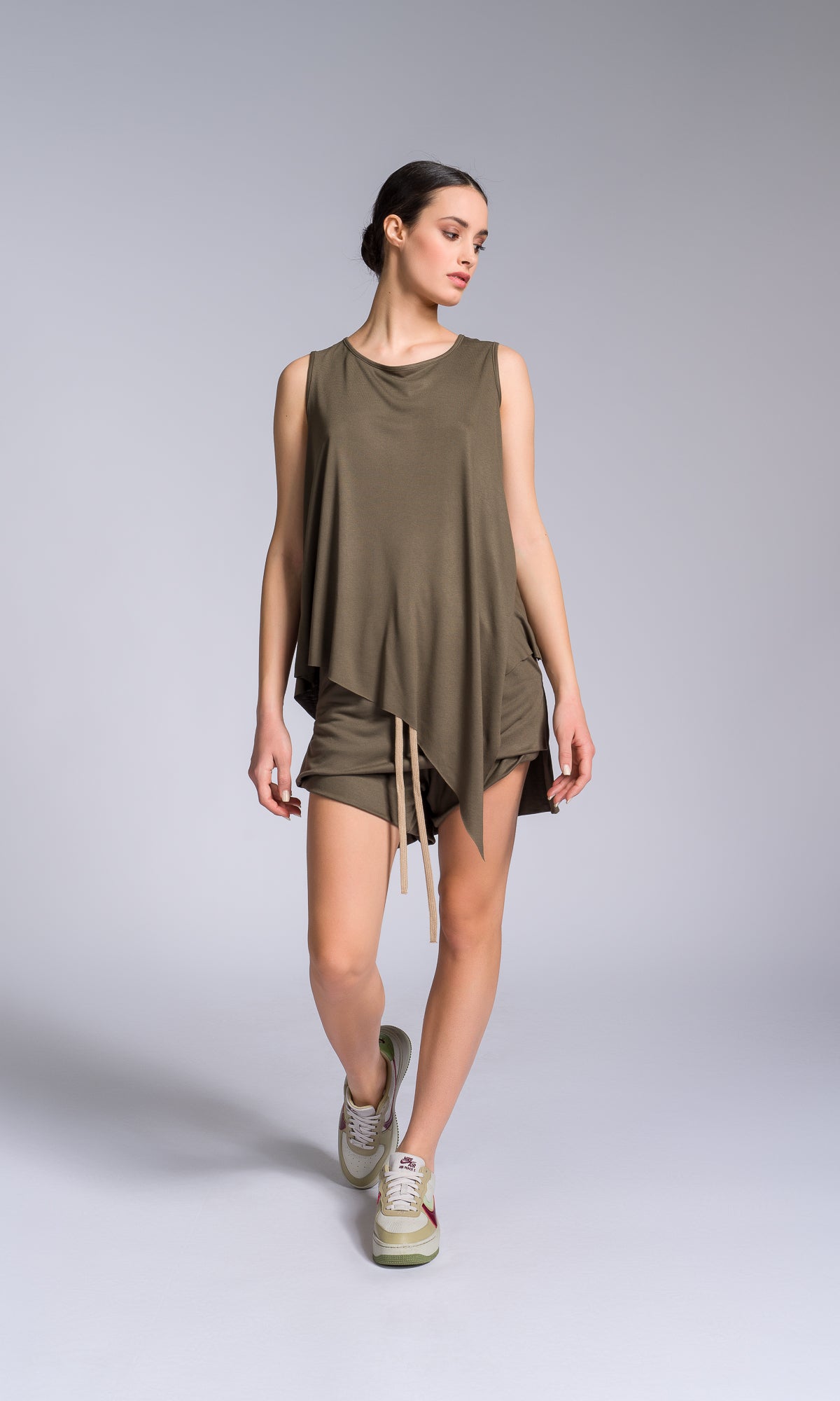 Two-piece Set of Asymmetric Tank Top and Shorts with Skirt Overlay