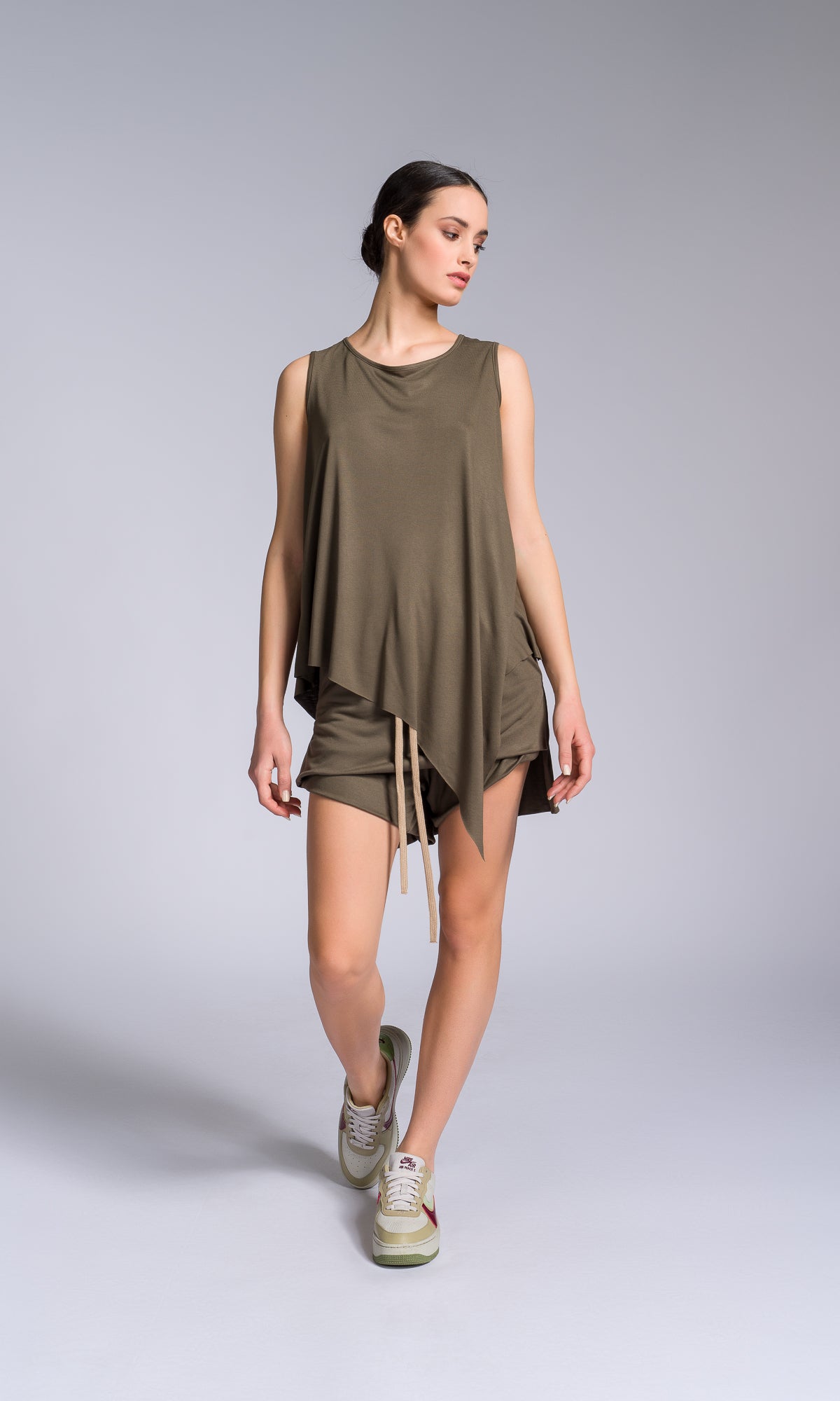 Two-piece Set of Asymmetric Tank Top and Shorts with Skirt Overlay - AAKASHA