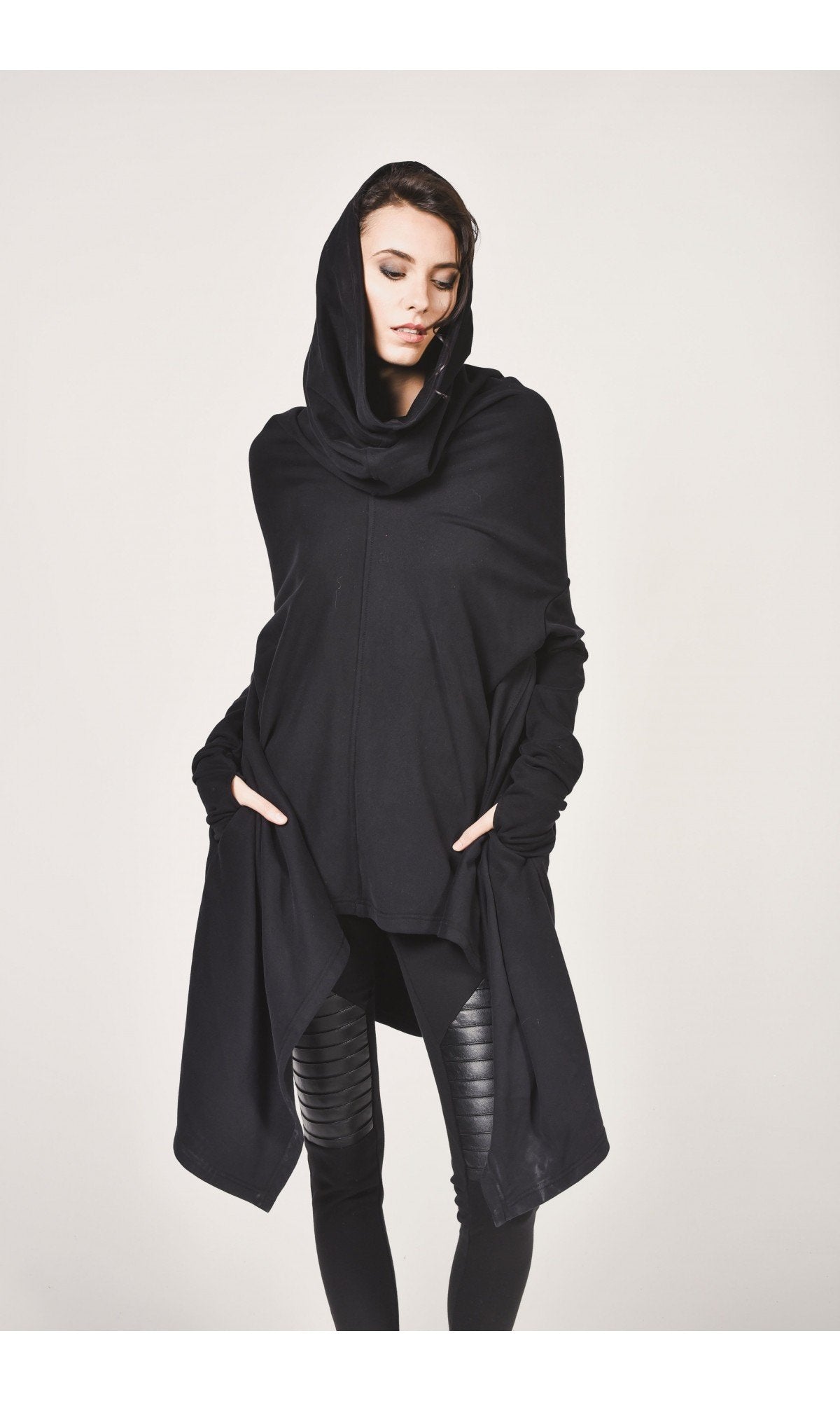 High Collar Hoodie with Asymmetric Hem