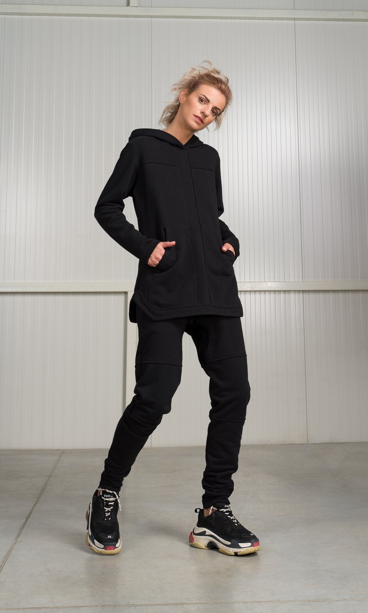 Two-piece Set of Hooded Sweatshirt and Jogger Pants with Seam Details - AAKASHA