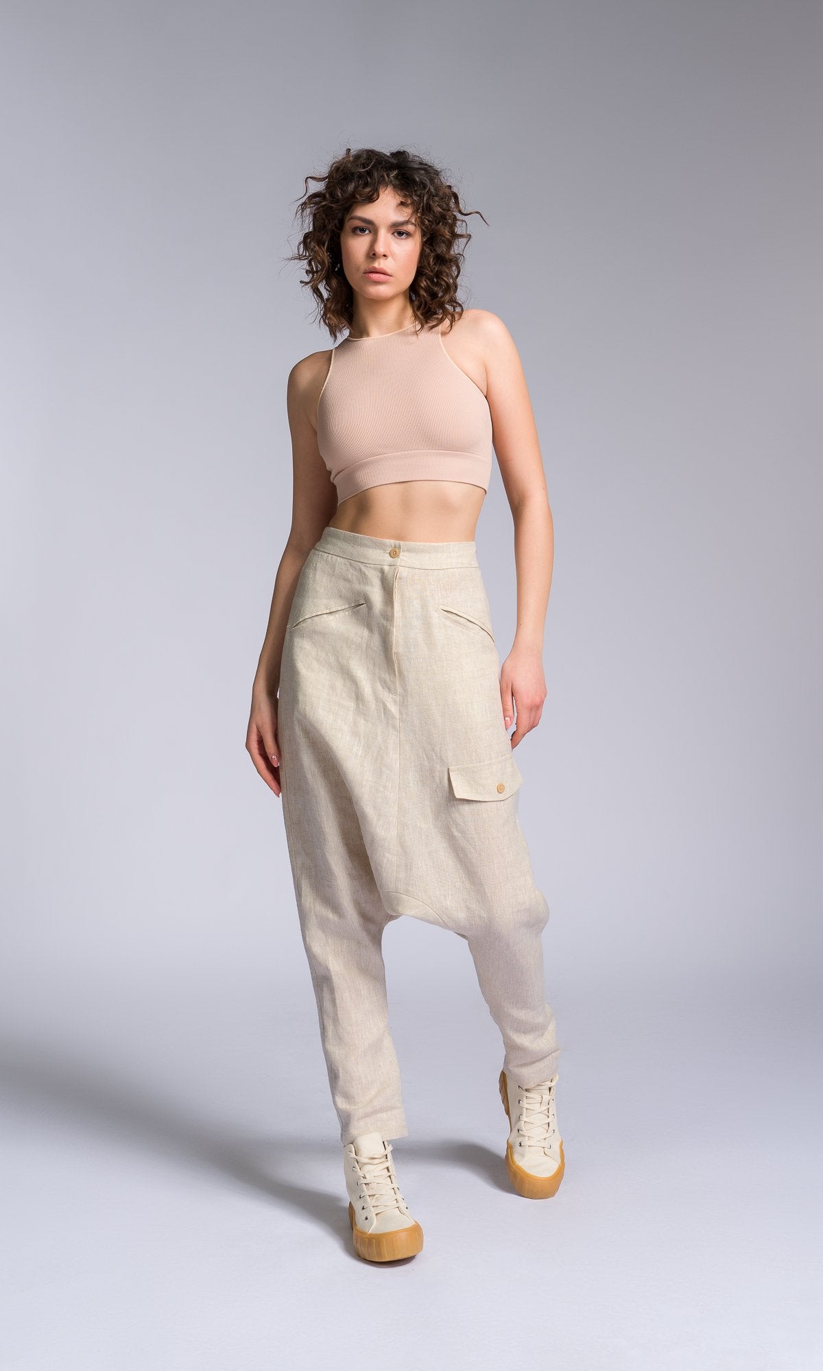 Two-piece Set of Linen Shirt and Pants with Decorative Flap Pockets - AAKASHA