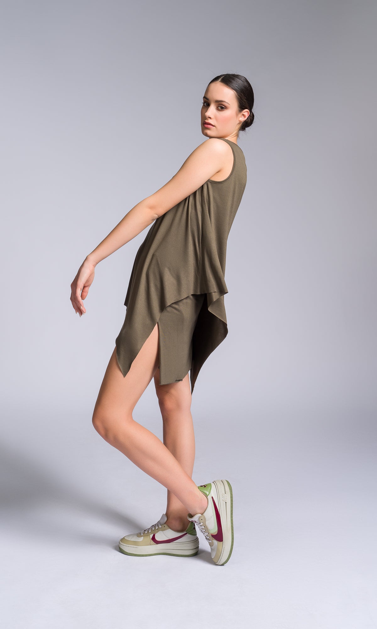 Two-piece Set of Asymmetric Tank Top and Shorts with Skirt Overlay - AAKASHA