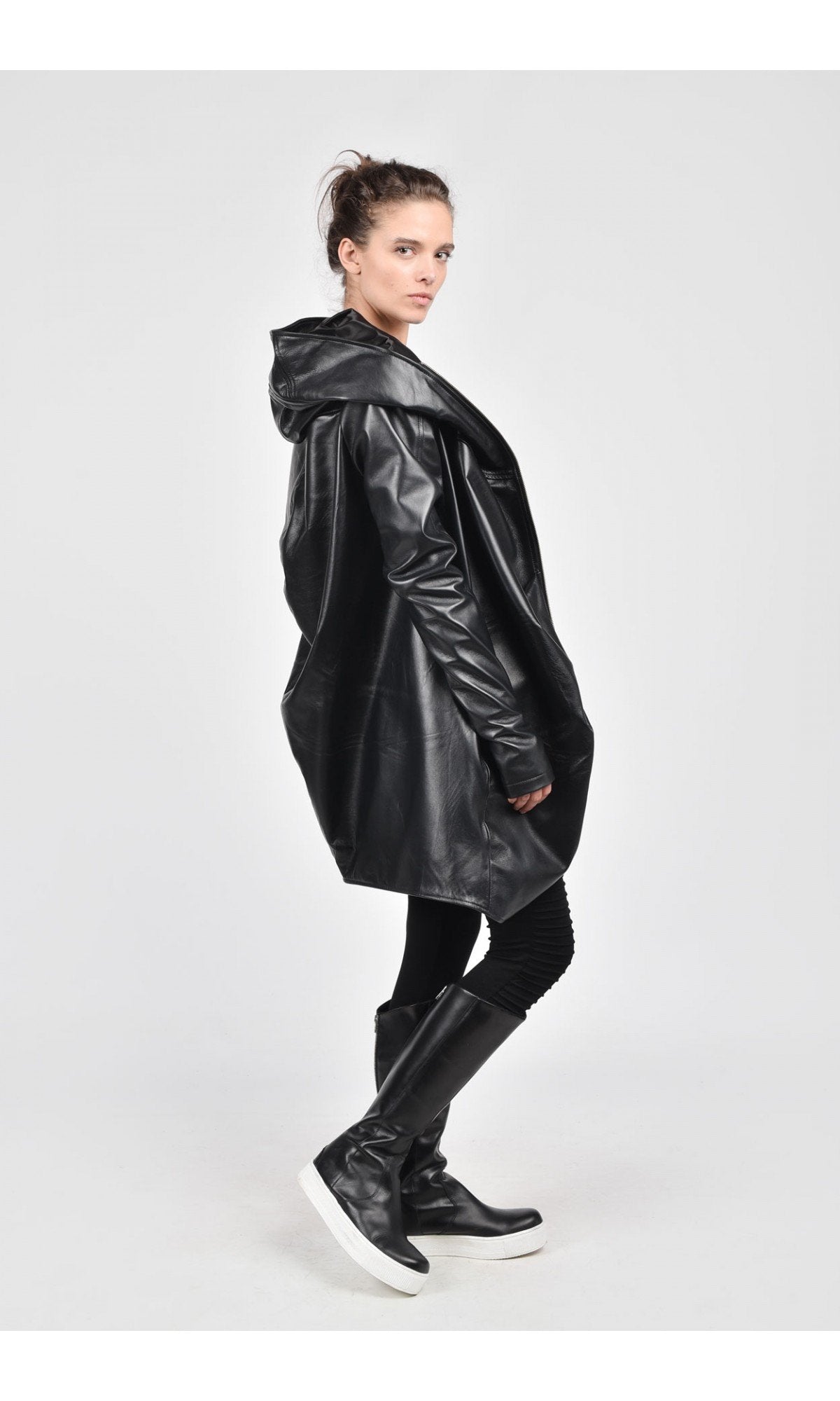 Asymmetric Genuine Leather Hooded Coat