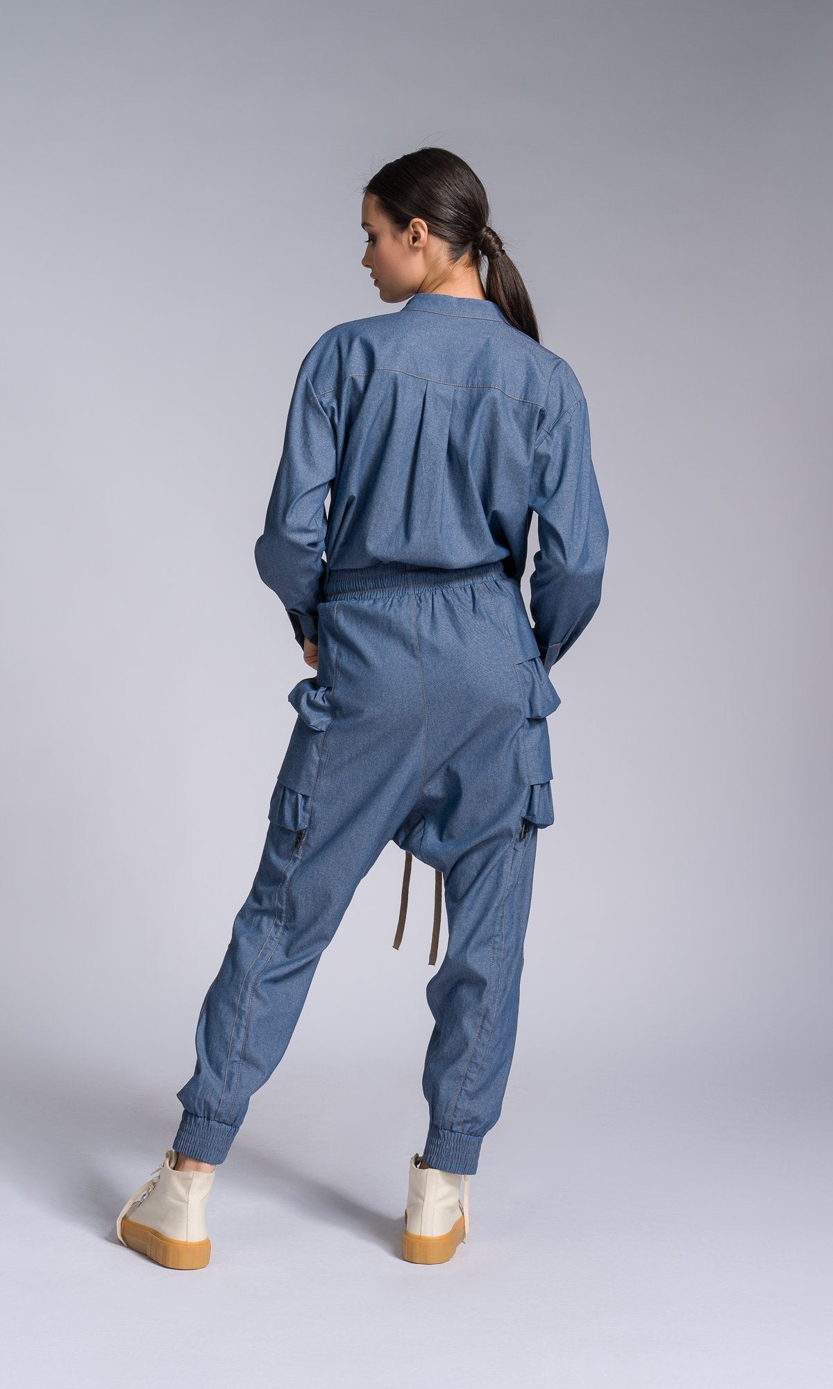 Two-piece Set of Chambray Pants and Shirt with Layered Cargo Pockets - AAKASHA