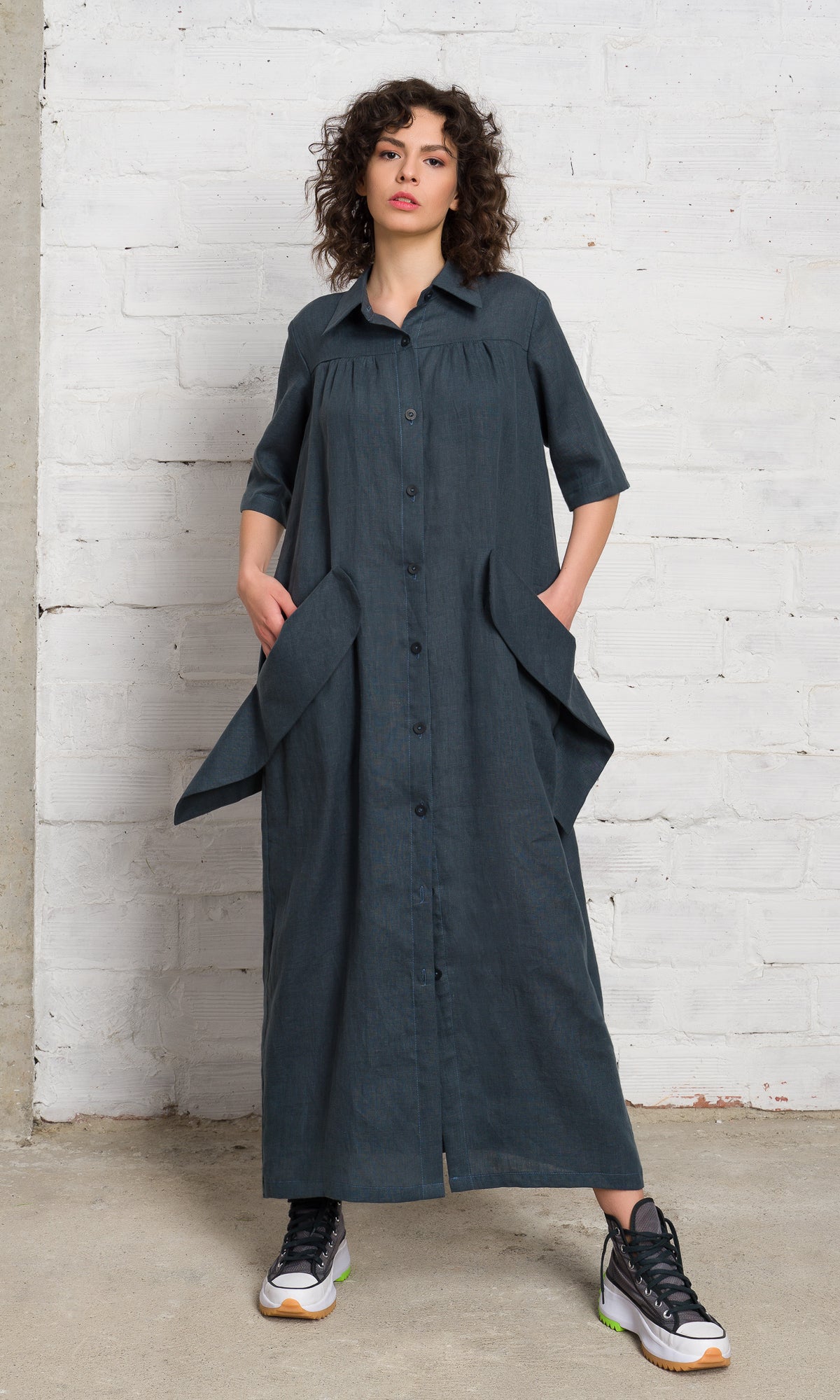 Linen Shirt Dress with Flap Pockets - AAKASHA