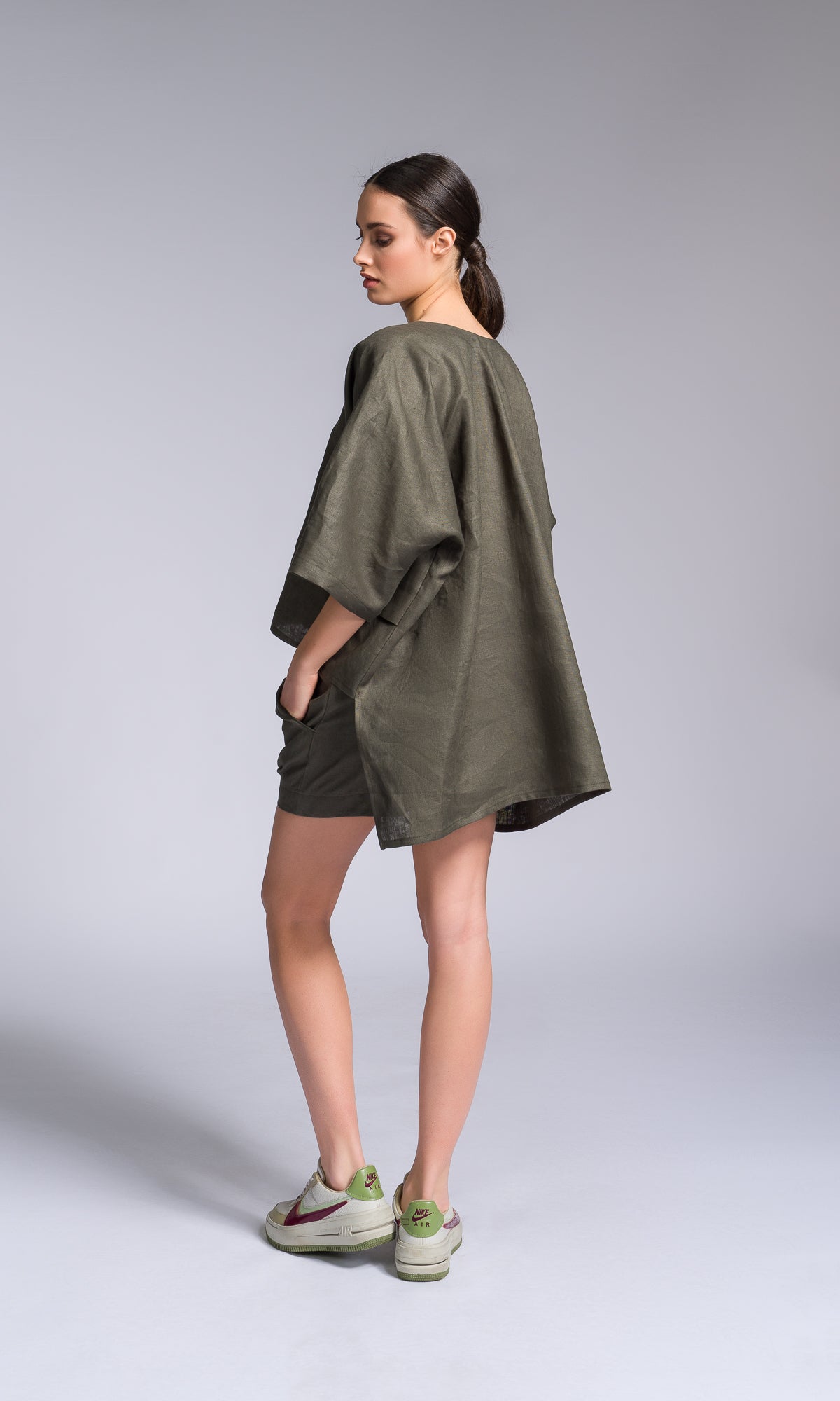 Linen Kimono Blouse with High-low Hem - AAKASHA