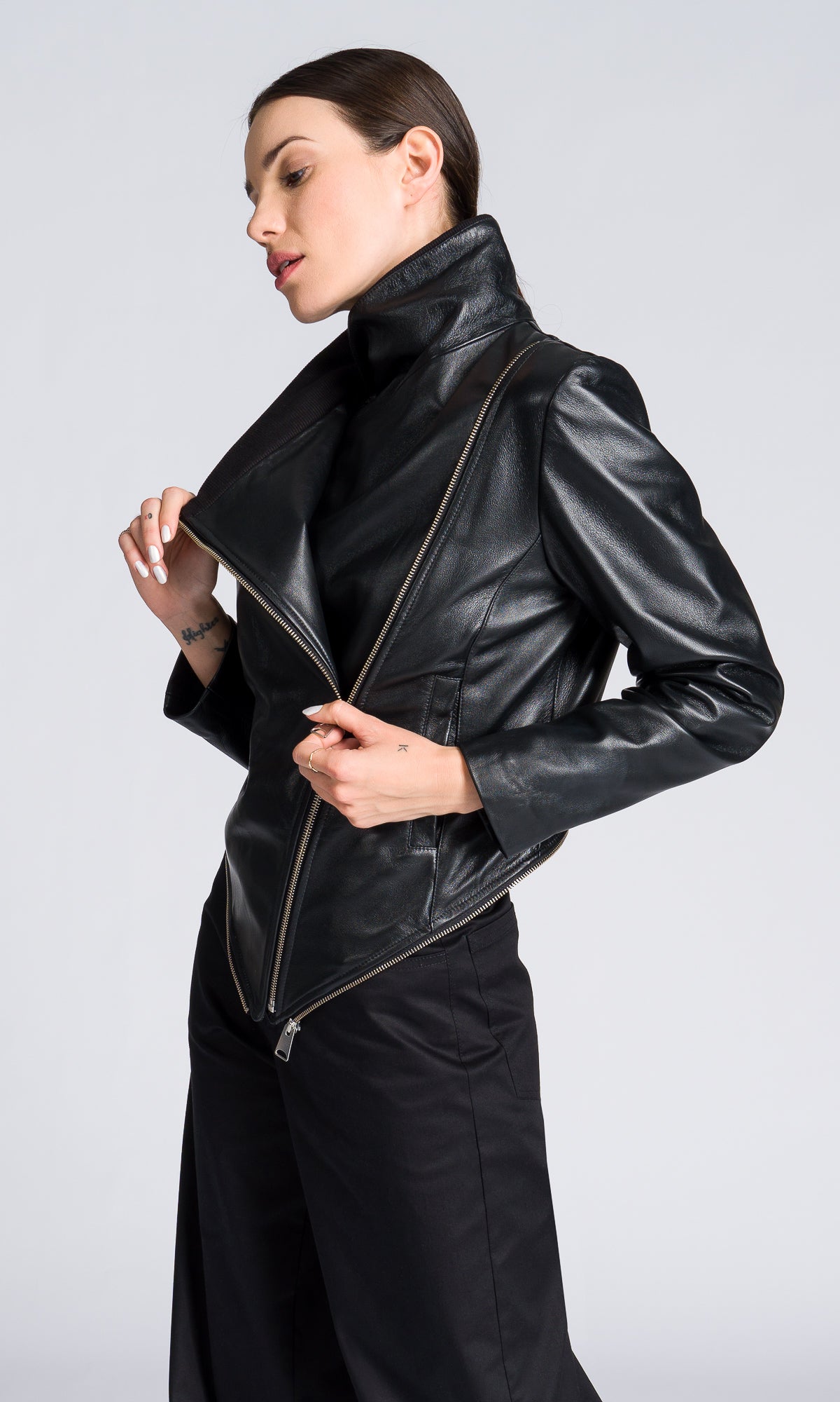 Asymmetric Zipper Leather Jacket - AAKASHA