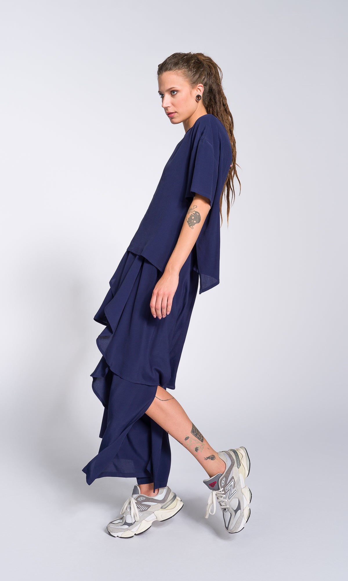 Two-piece Set of Layered Georgette Skirt and Loose Asymmetric T-Shirt - AAKASHA