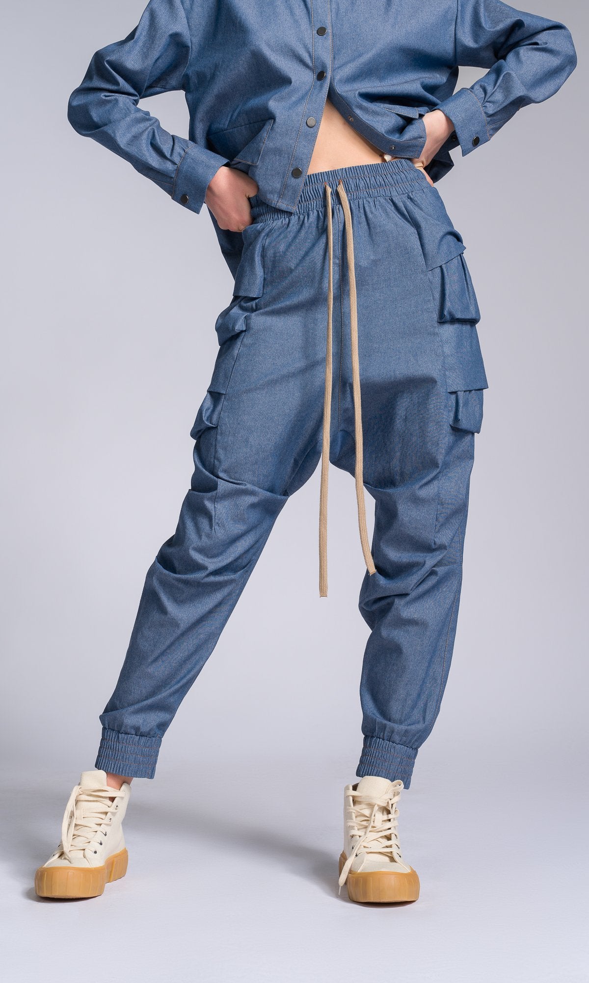 Chambray Pants with Layered Pockets - AAKASHA