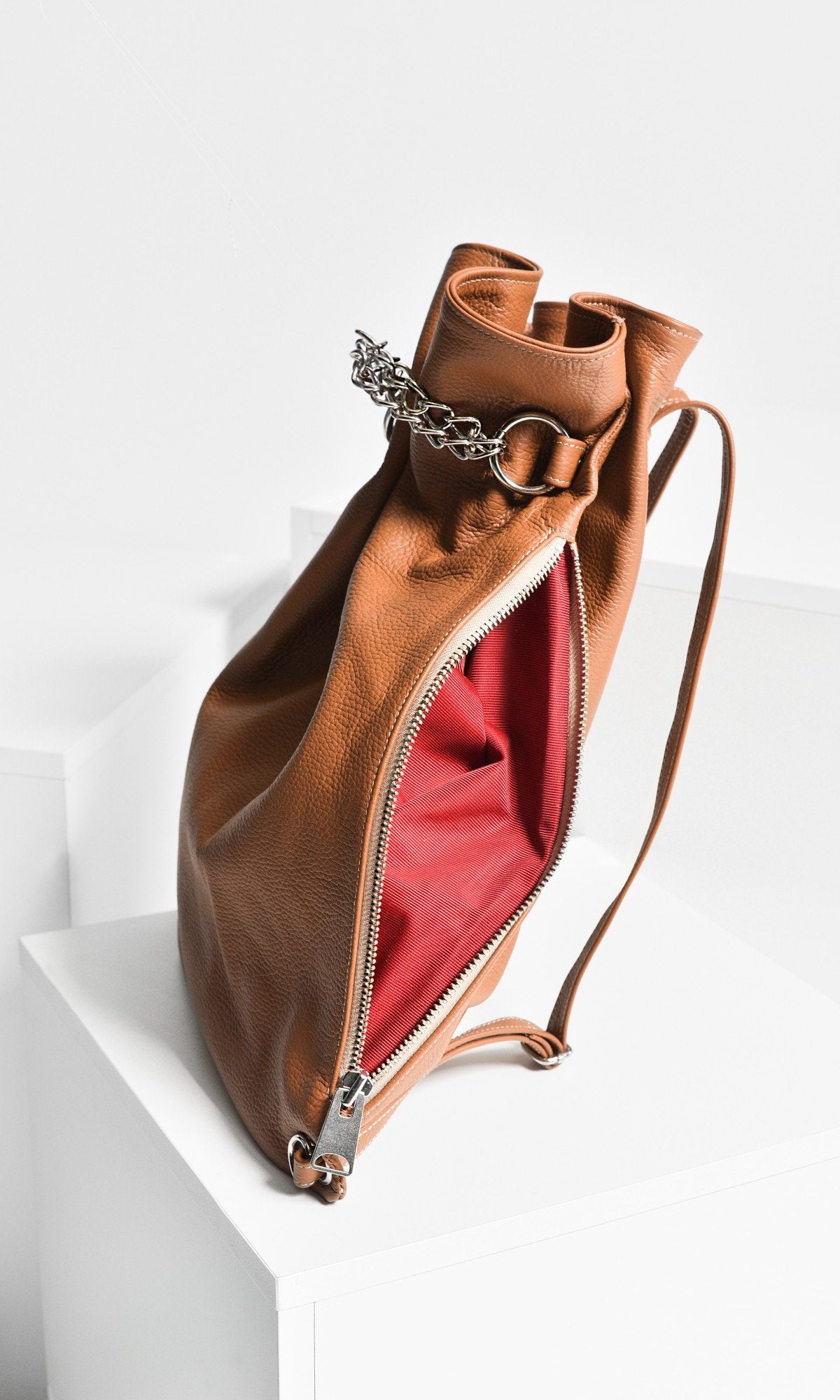 Leather Bucket Backpack with Chain