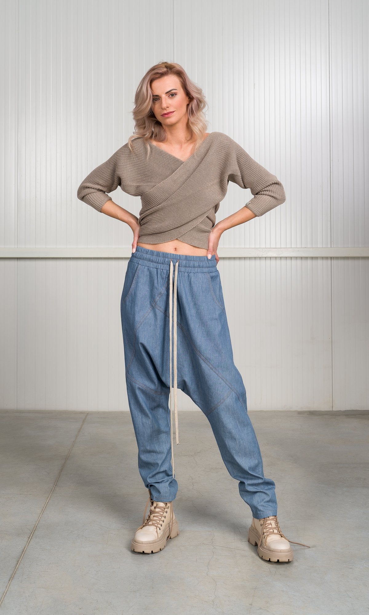 Chambray Pants with Seam Details - AAKASHA