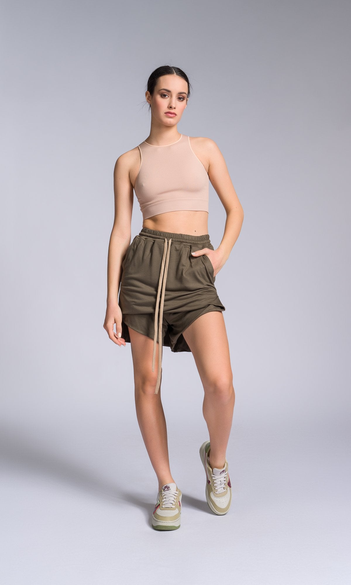 Two-piece Set of Asymmetric Tank Top and Shorts with Skirt Overlay - AAKASHA