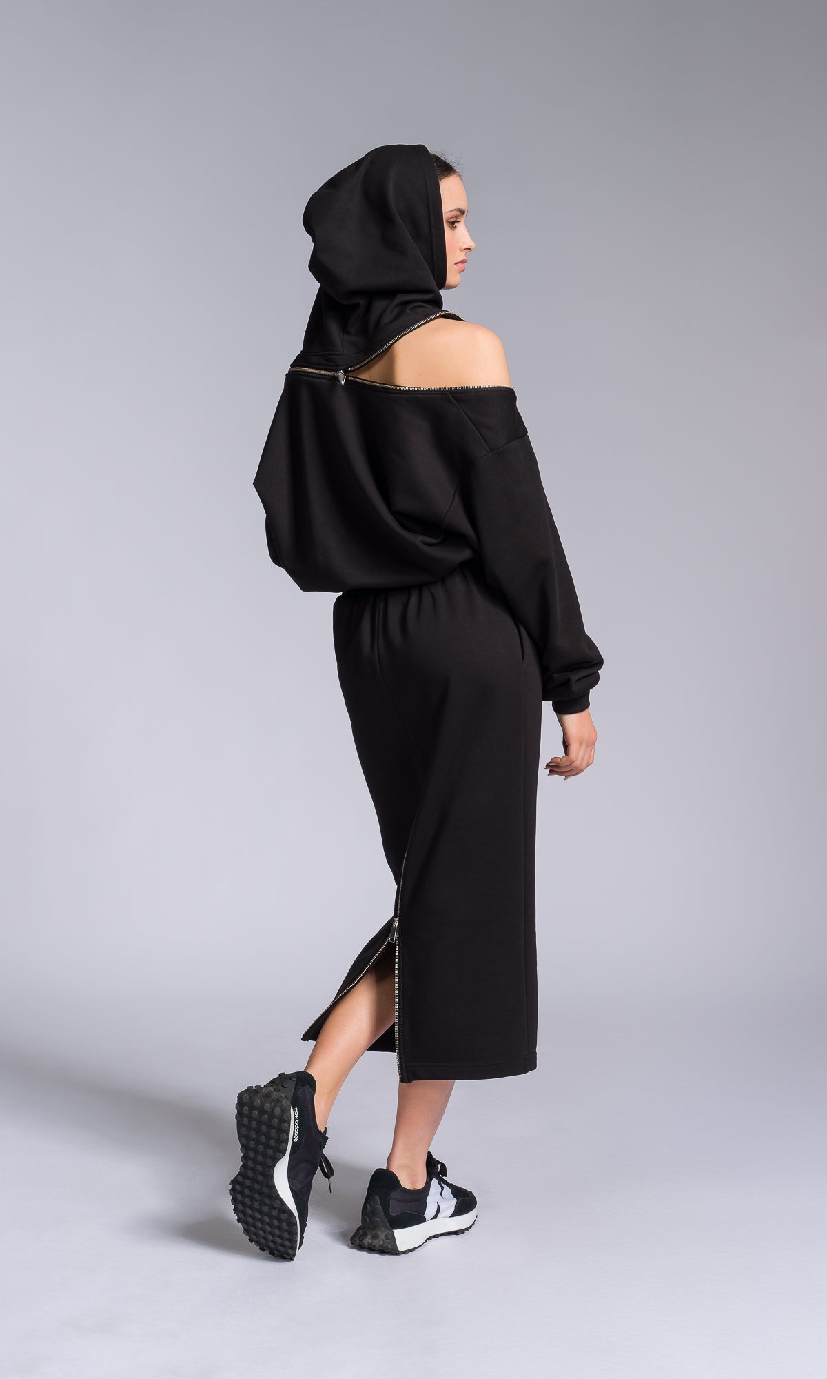 Hooded Cotton Dress with Zippered Shoulders - AAKASHA