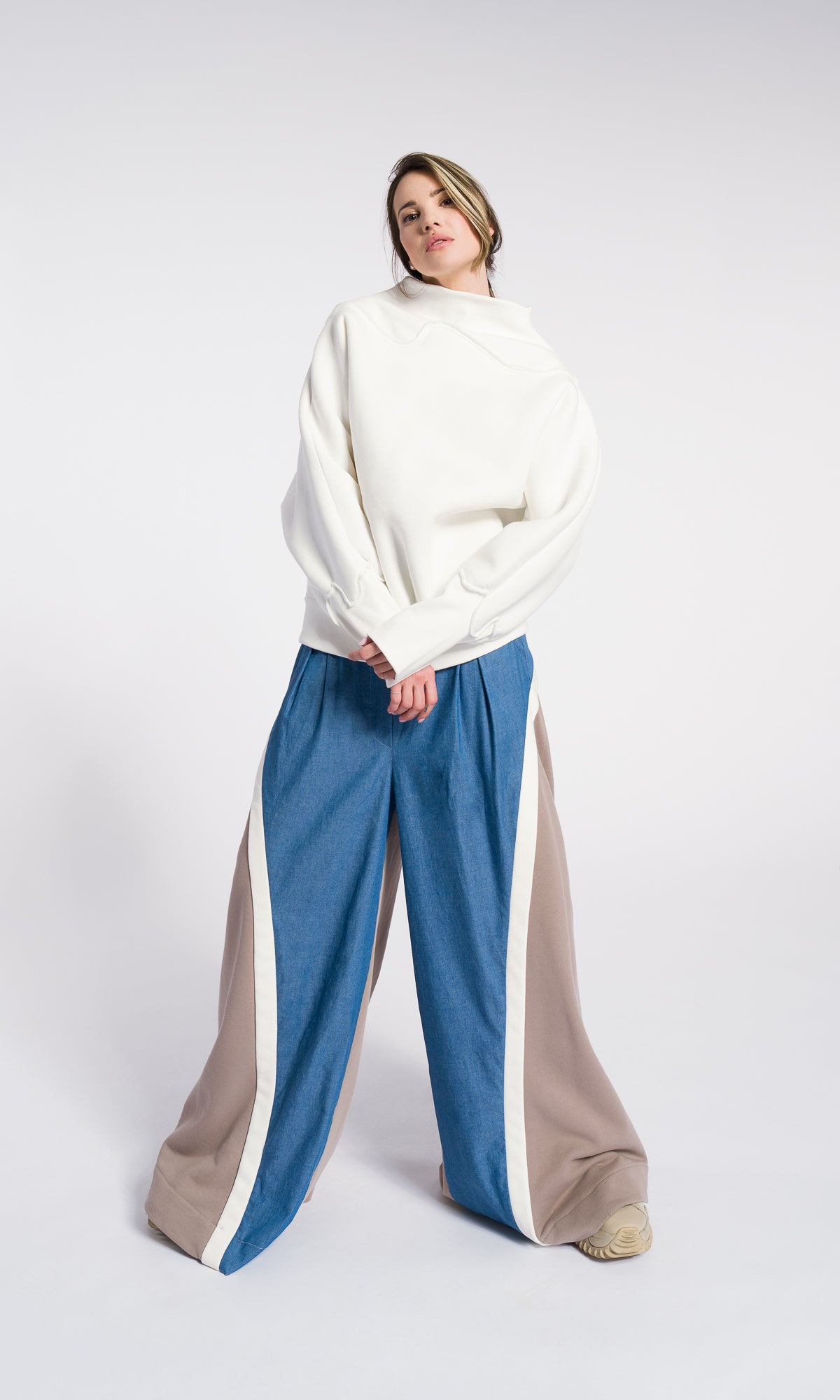 Oversized Sweatshirt Women – Minimalist Cotton Blend Top, Long Sleeve Off White Loose Pullover, Modern Asymmetrical Neckline