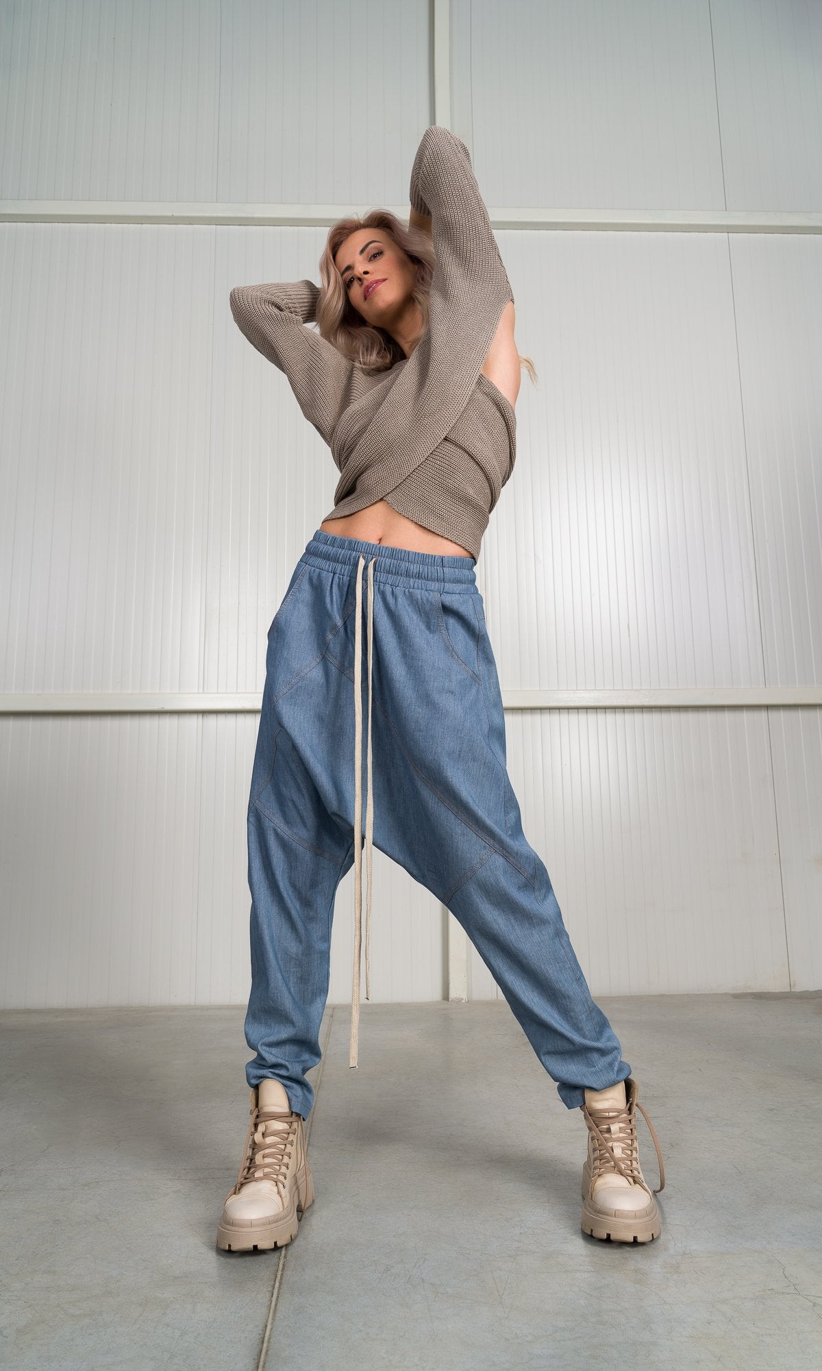 Chambray Pants with Seam Details - AAKASHA