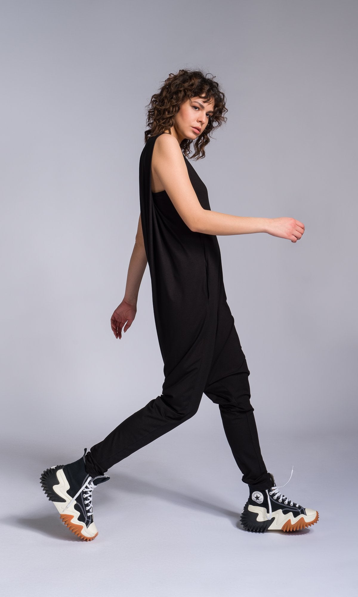 Jersey Zip-up Jumpsuit with Folded Sides - AAKASHA