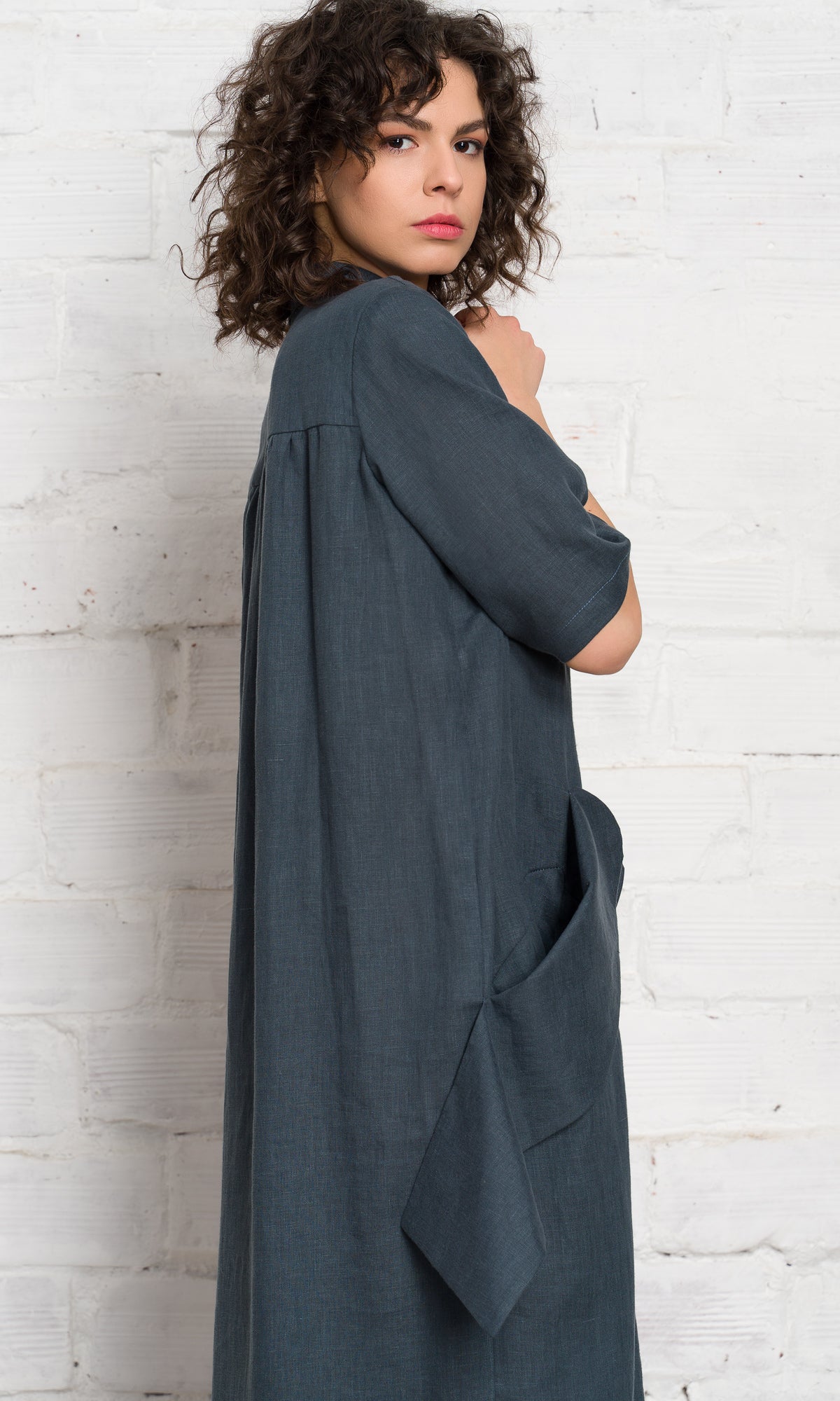 Linen Shirt Dress with Flap Pockets - AAKASHA