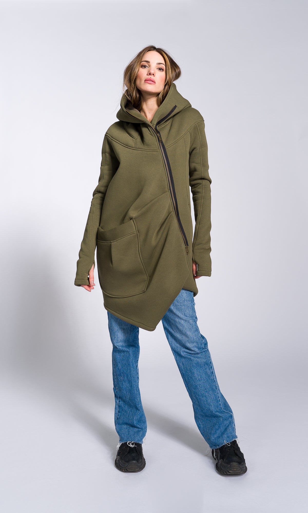 Cotton Fleece Hoodie with Asymmetric Closure - AAKASHA