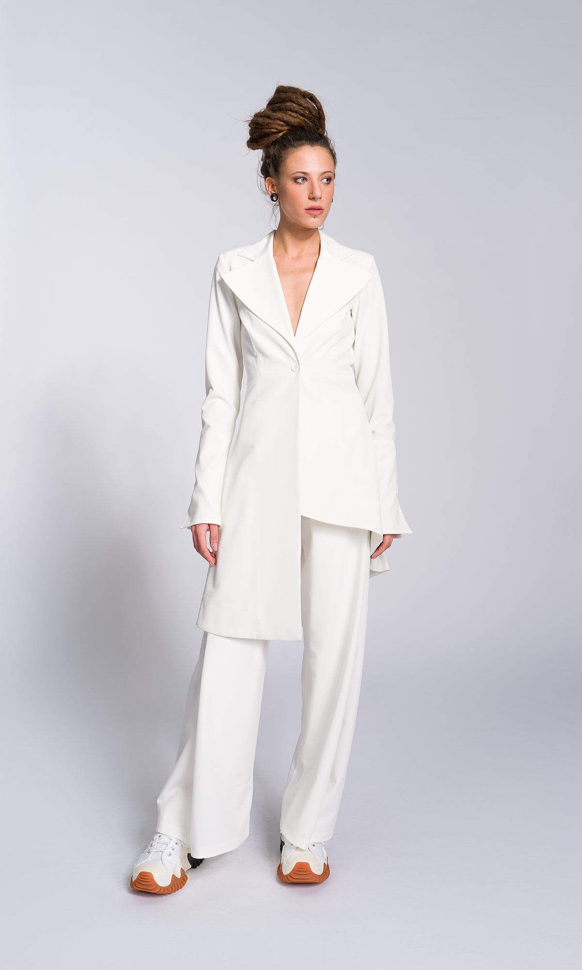 Two-piece Set of Asymmetric Buttoned Blazer and Wide Leg Pants - AAKASHA