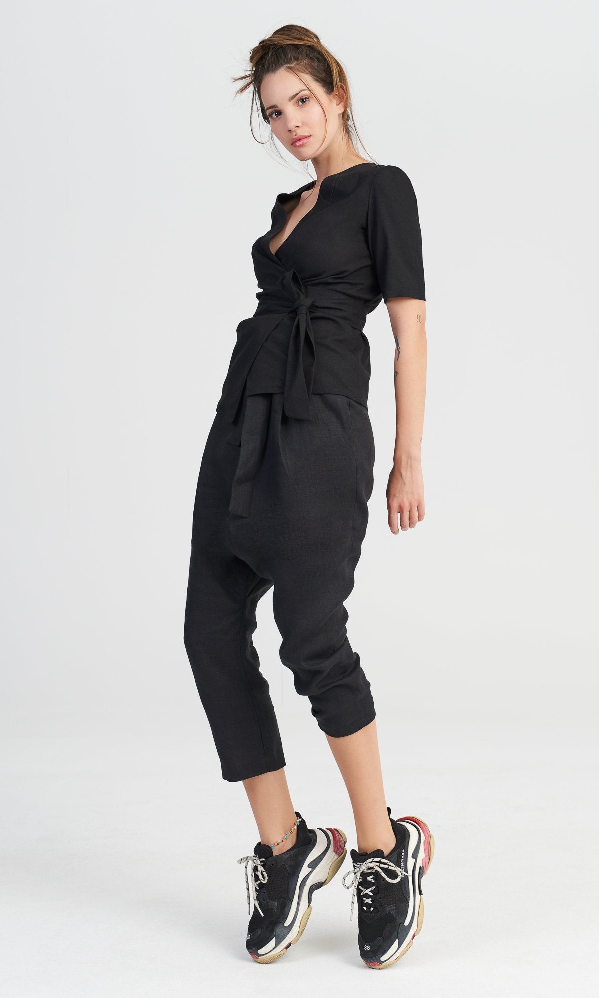 Linen Drop Crotch Pants with Belt - AAKASHA