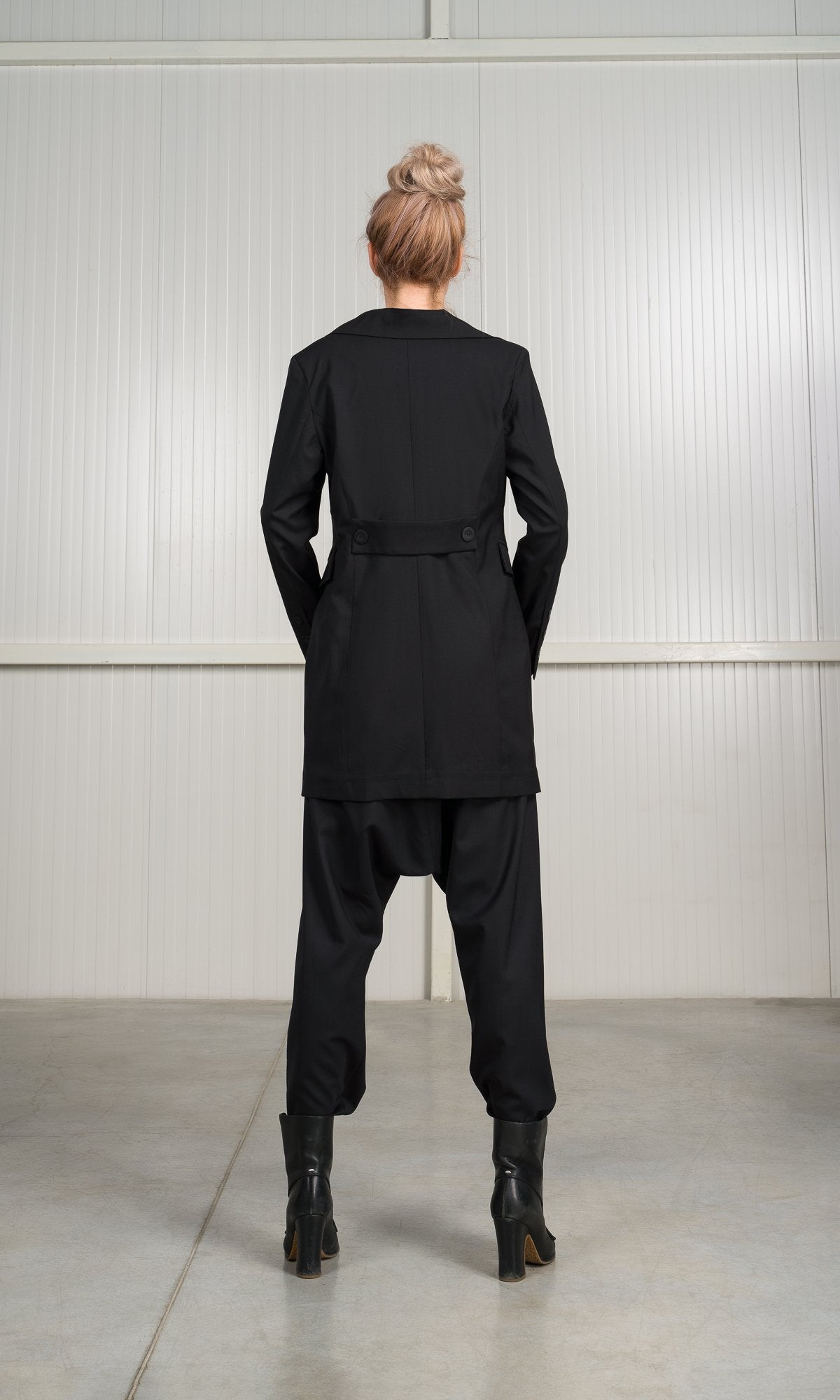 Drop Crotch Wool Pants with Seam Details
