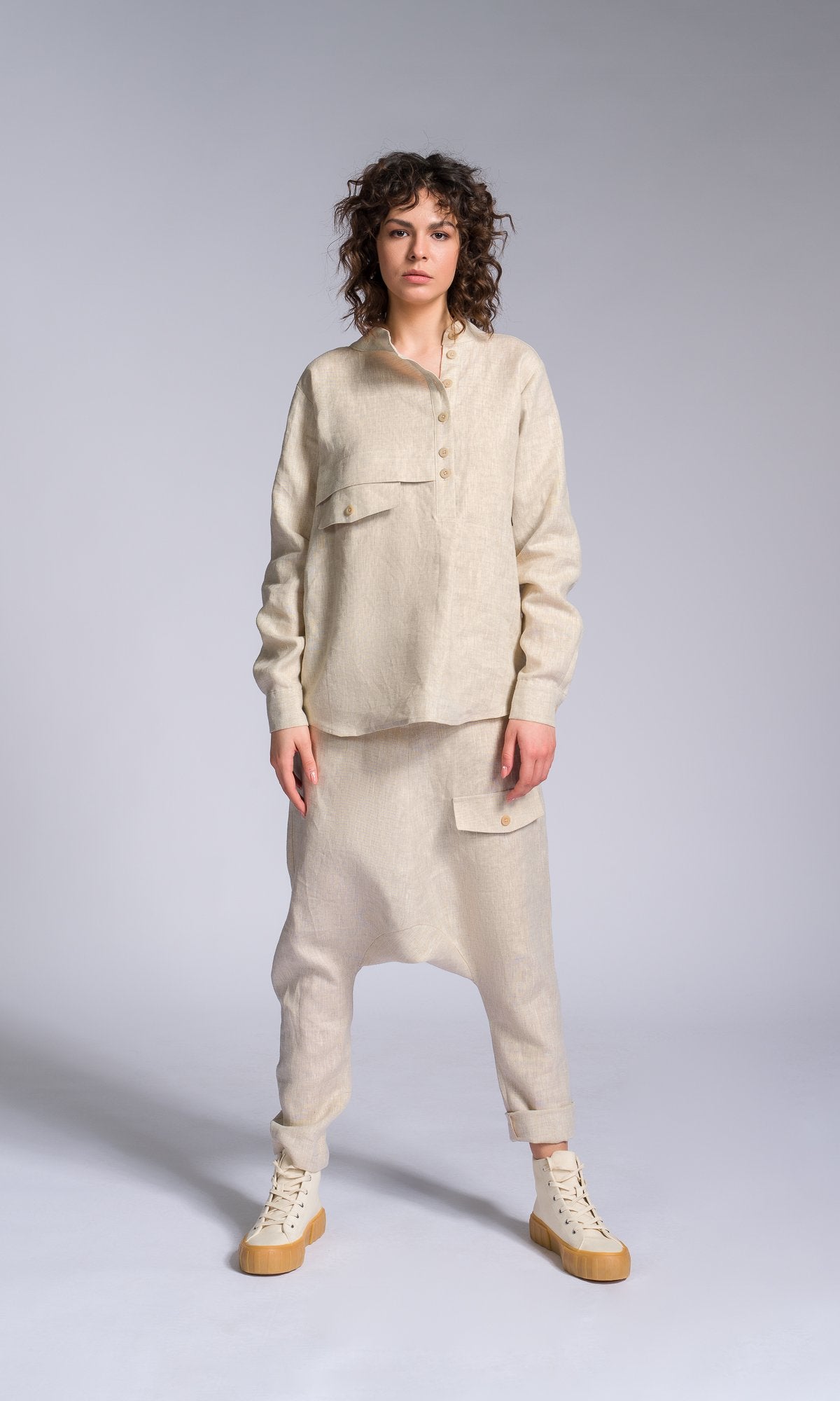 Linen Shirt with Decorative Flap Pocket - AAKASHA