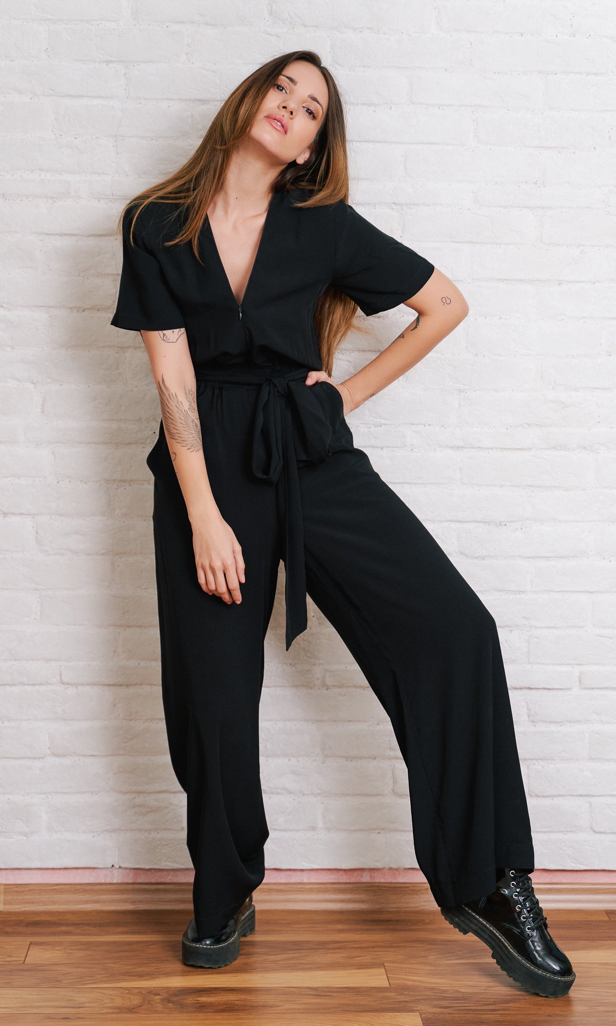 Wide Leg Jumpsuit With Ribbon Belt