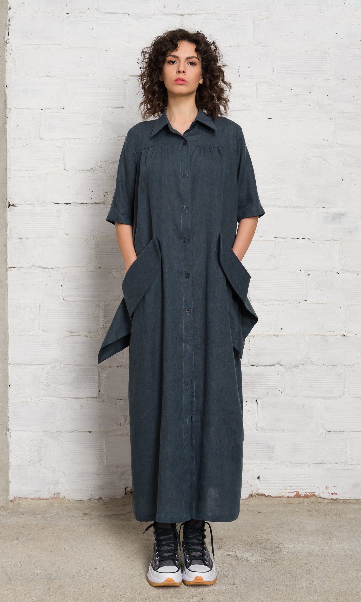 Linen Shirt Dress with Flap Pockets - AAKASHA