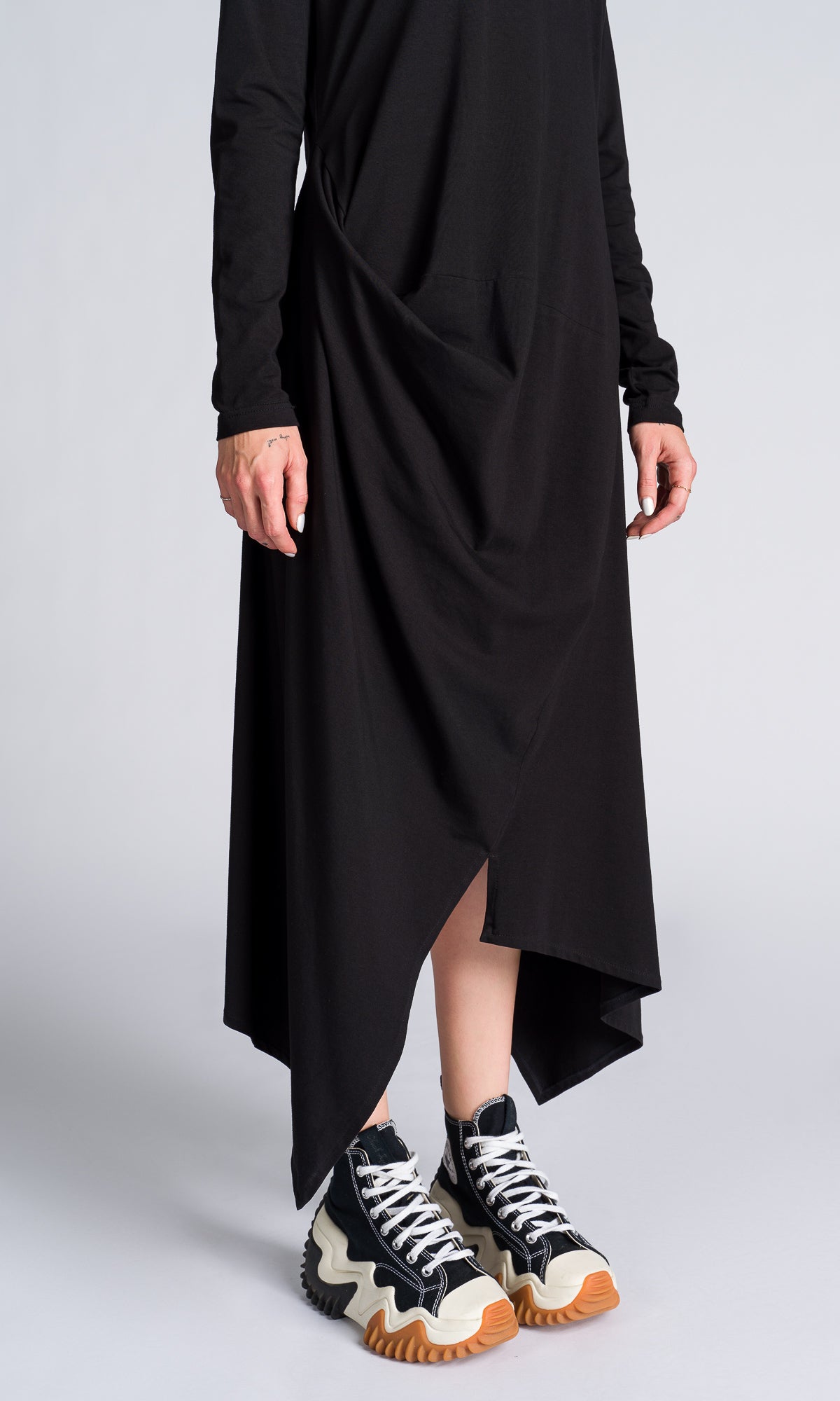 Draped Midi Dress with Asymmetric Hem - AAKASHA