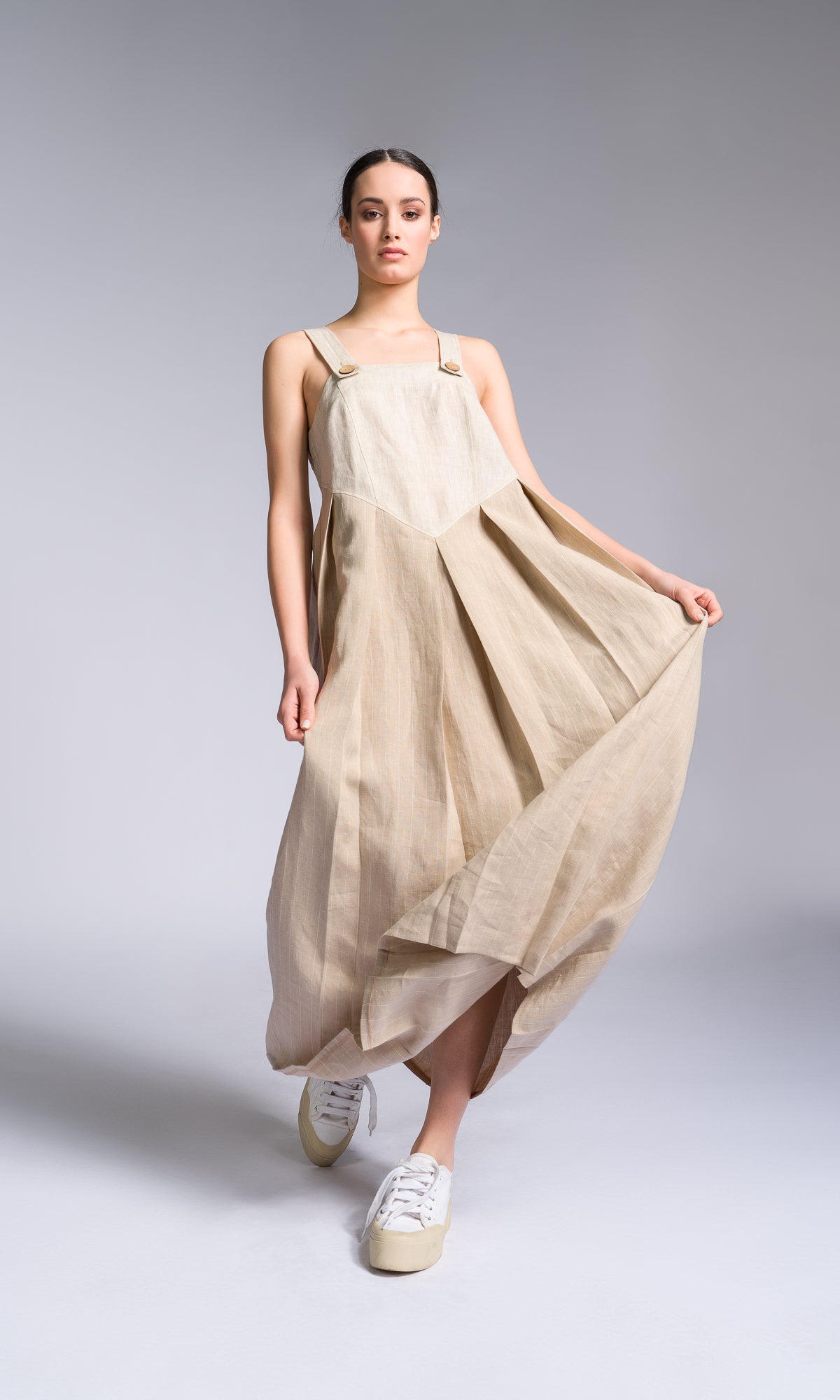 Pleated Linen Pinafore Dress - AAKASHA