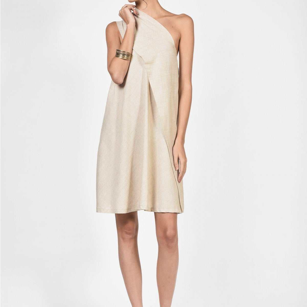 One Shoulder Mini Linen Dress