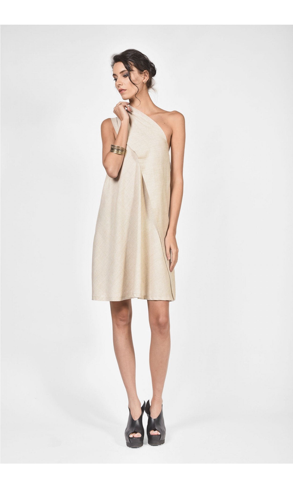 One Shoulder Mini Linen Dress - AAKASHA