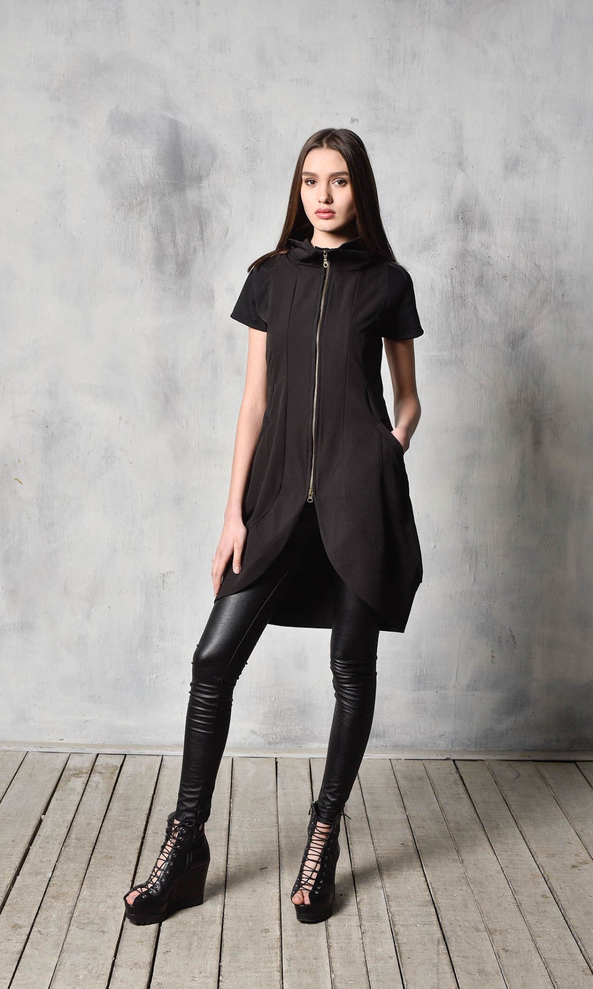Black Tunic Dress with Front Zipper