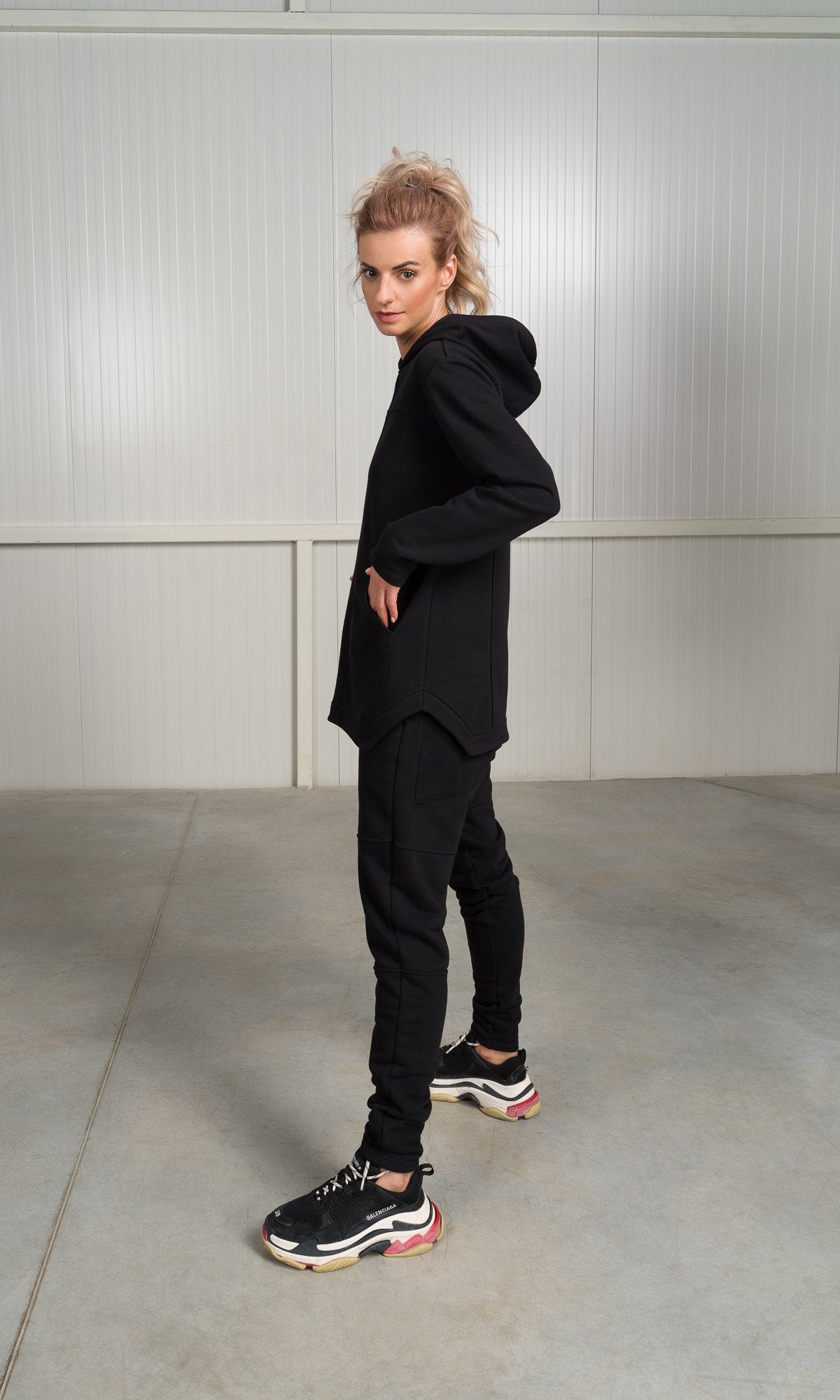 Two-piece Set of Hooded Sweatshirt and Jogger Pants with Seam Details - AAKASHA