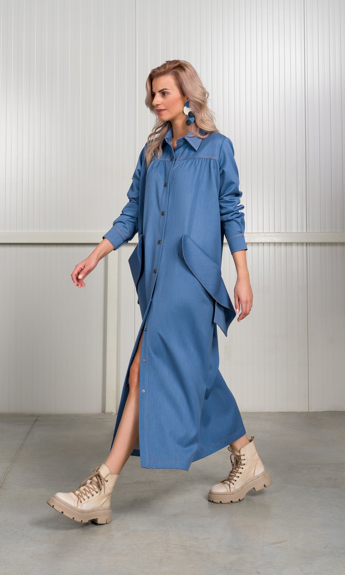 Chambray Shirt Dress with Flap Pockets - AAKASHA