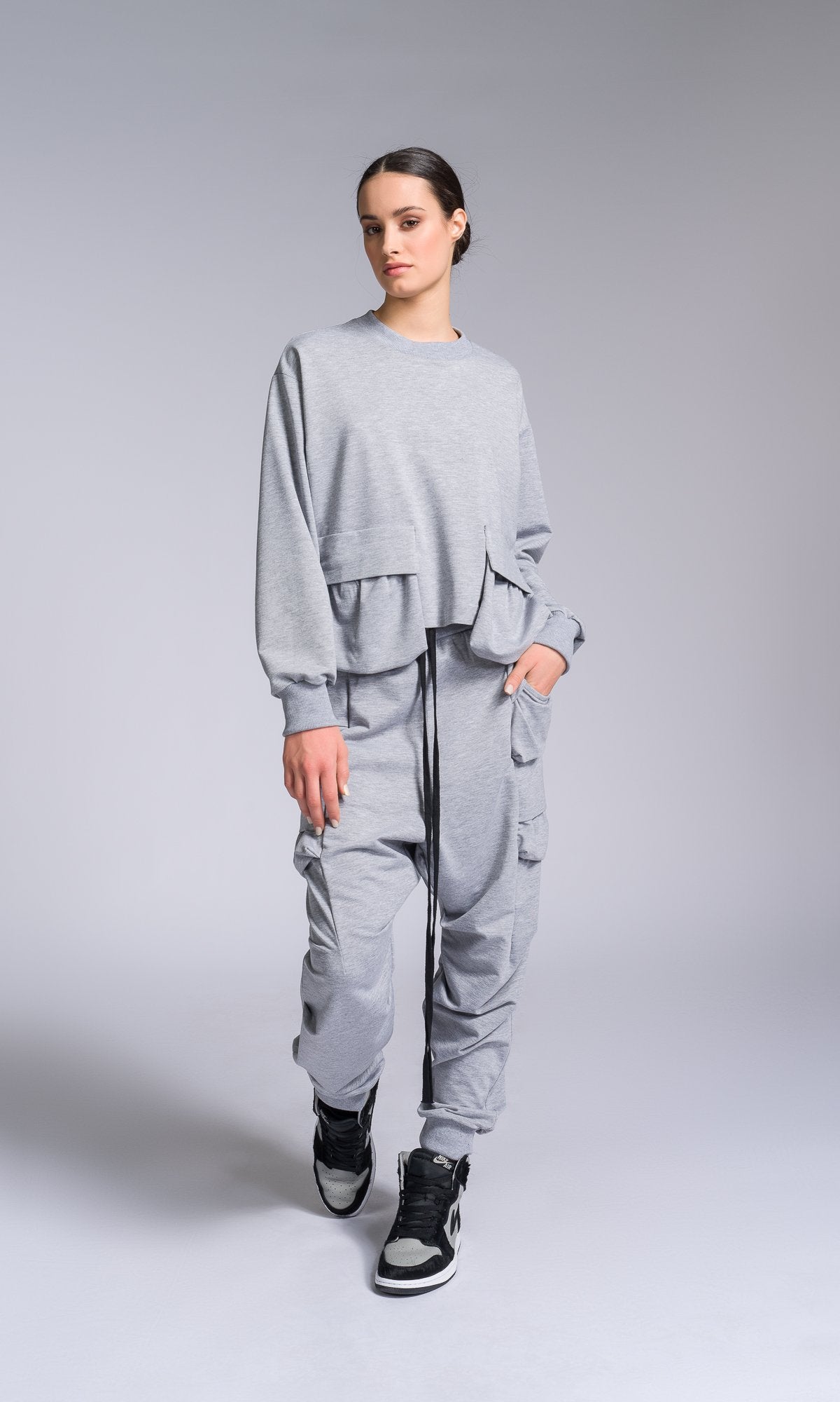 Two-piece Set of Layered Cargo Pockets Sweatshirt and Pants - AAKASHA