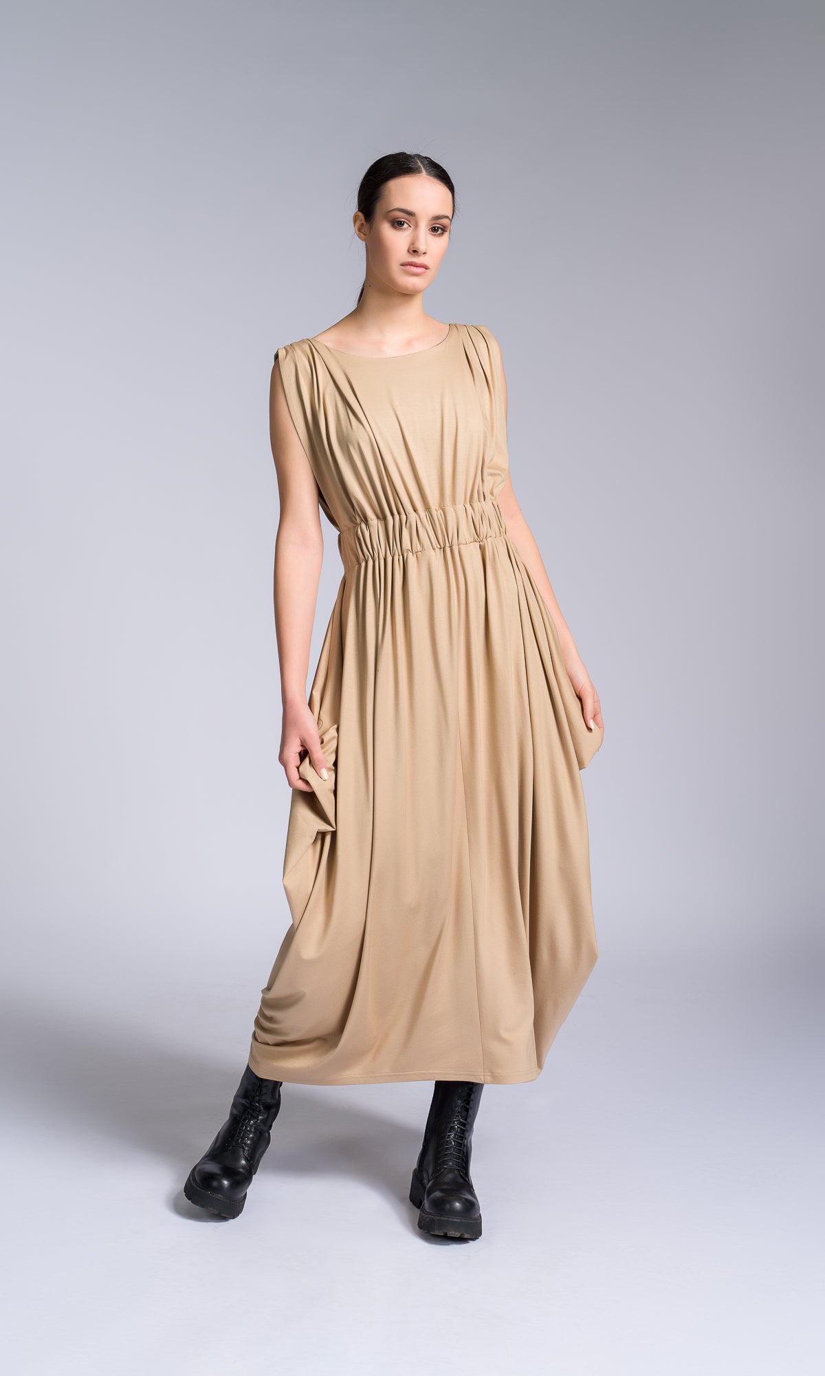 Bicolour Midi Dress with Gathered Waist - AAKASHA