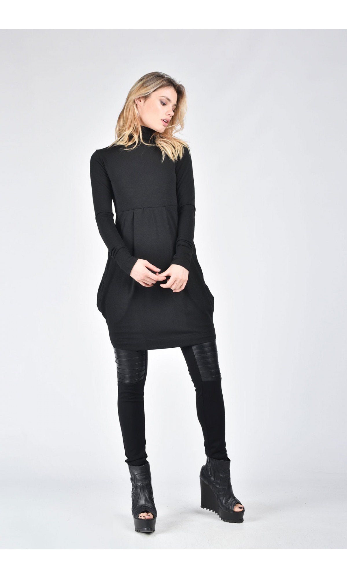 Fine Knit Turtleneck Tunic Dress - AAKASHA