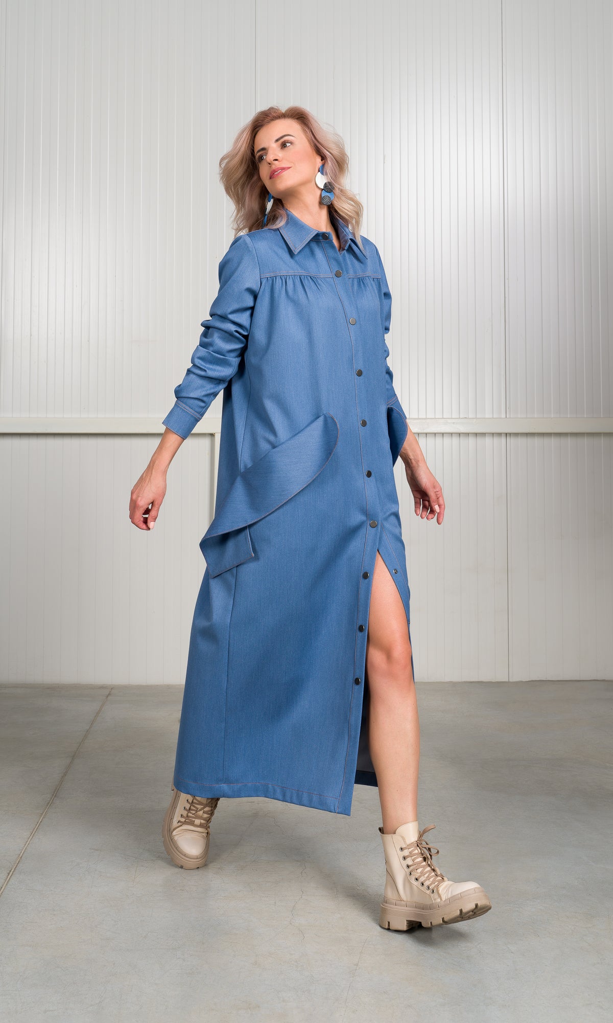 Chambray Shirt Dress with Flap Pockets - AAKASHA