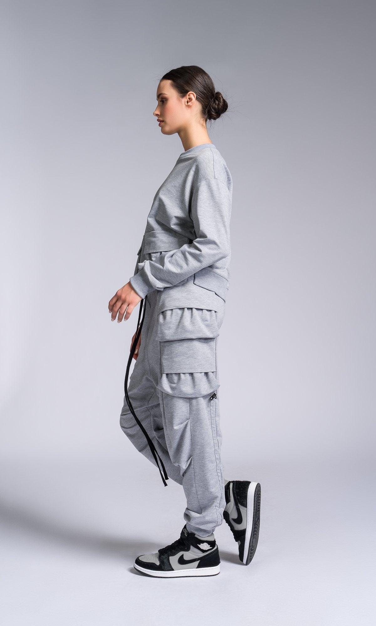 Two-piece Set of Layered Cargo Pockets Sweatshirt and Pants - AAKASHA