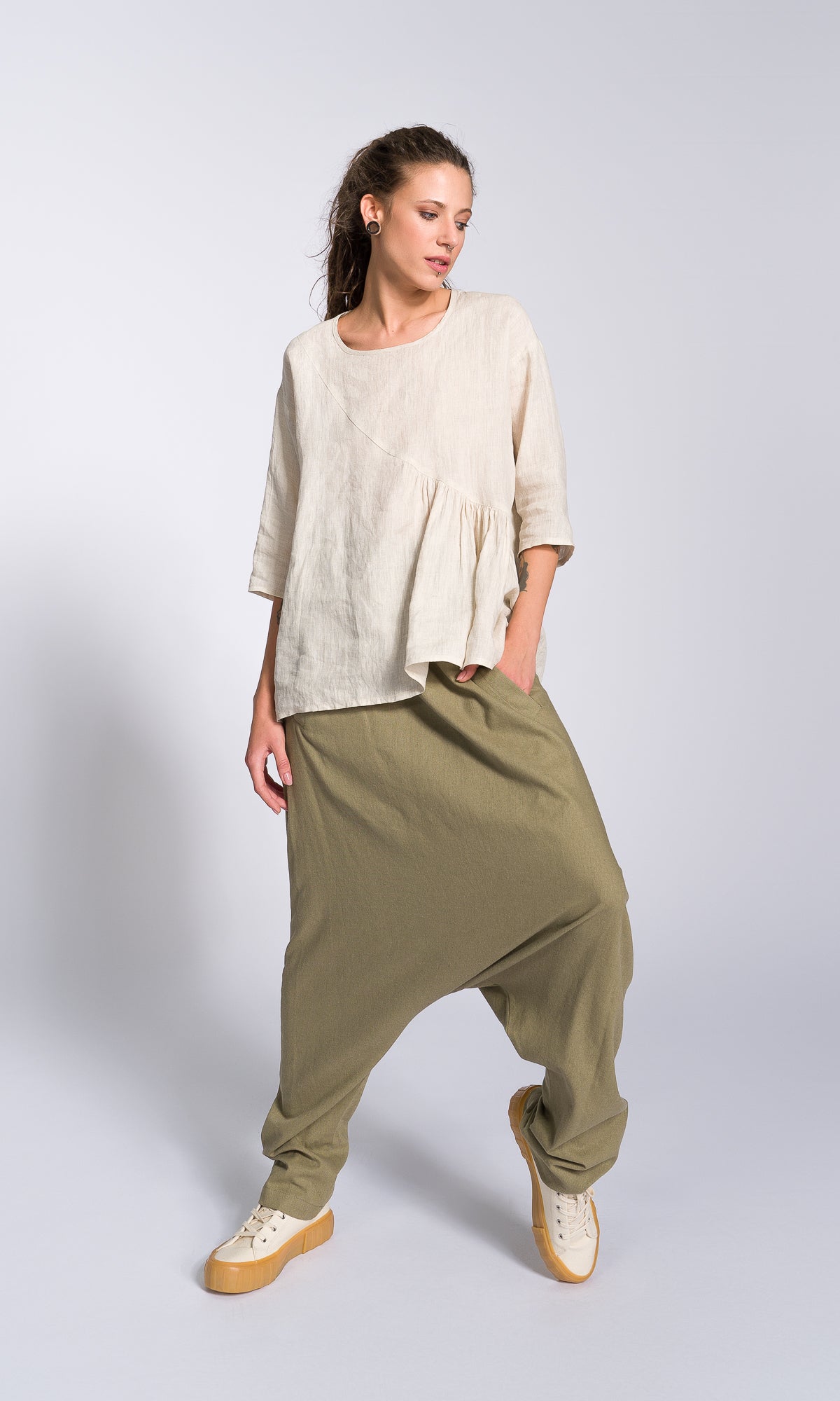 Deep Drop Crotch Linen Pants - AAKASHA