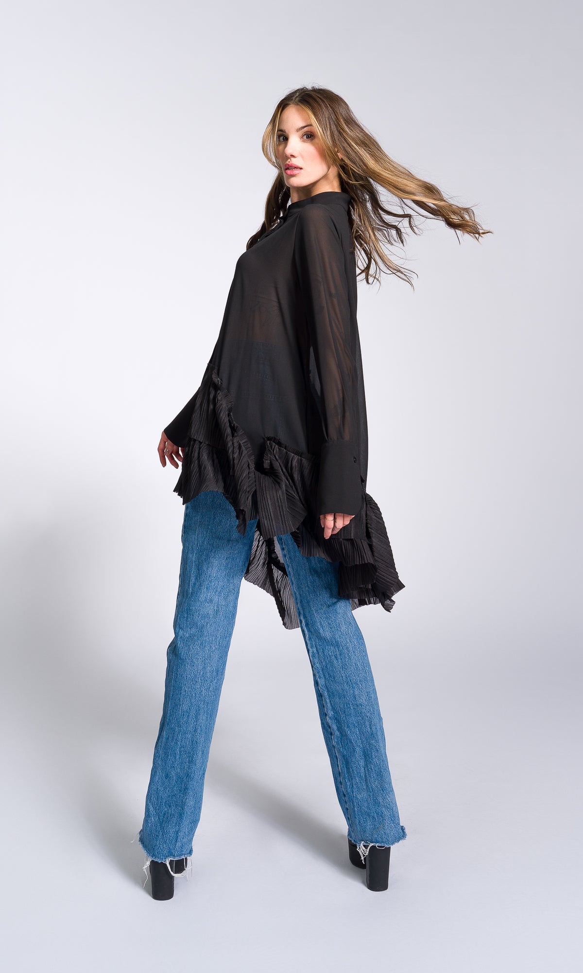 Pleated Hem Asymmetric Chiffon Shirt - AAKASHA