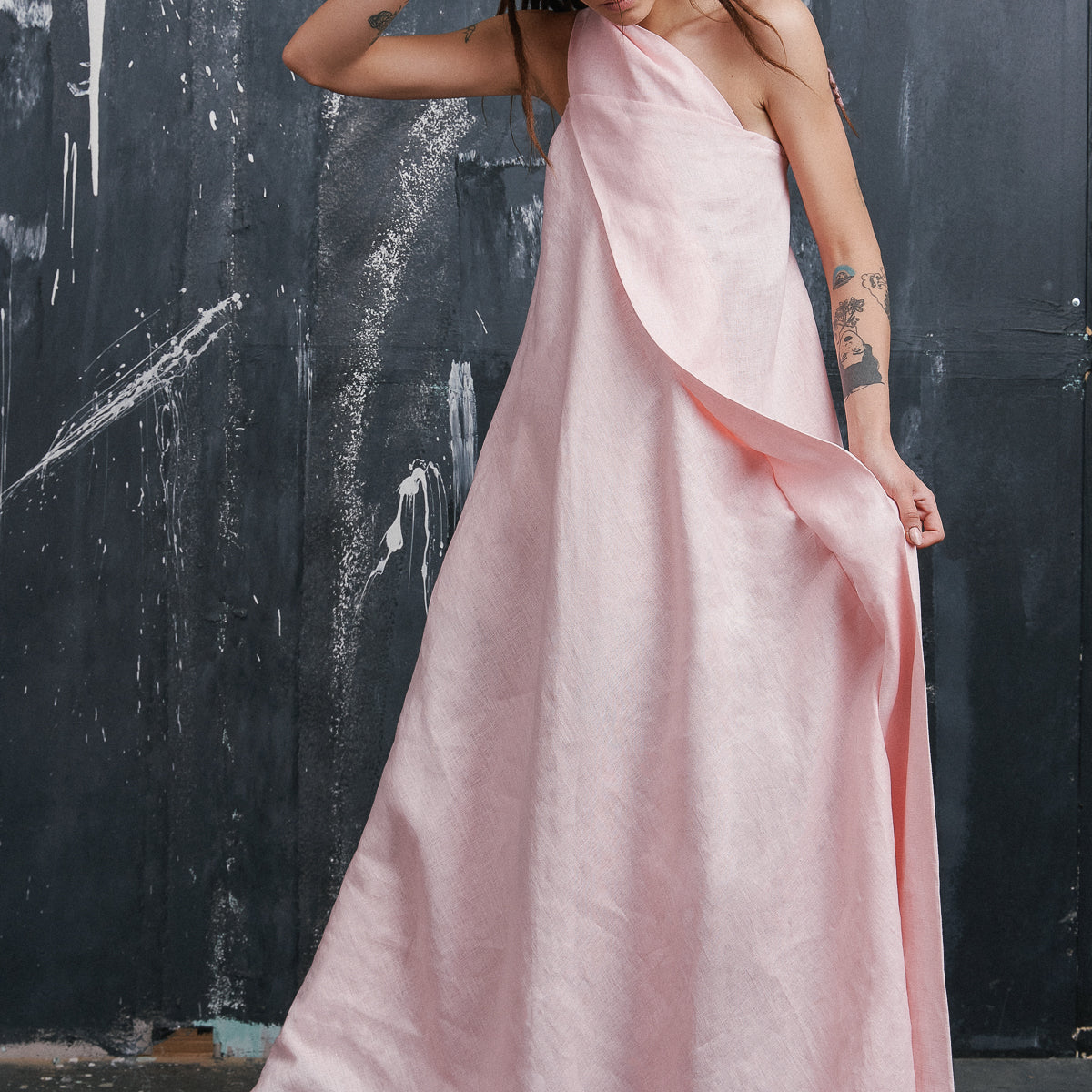 One Shoulder Maxi Linen Dress