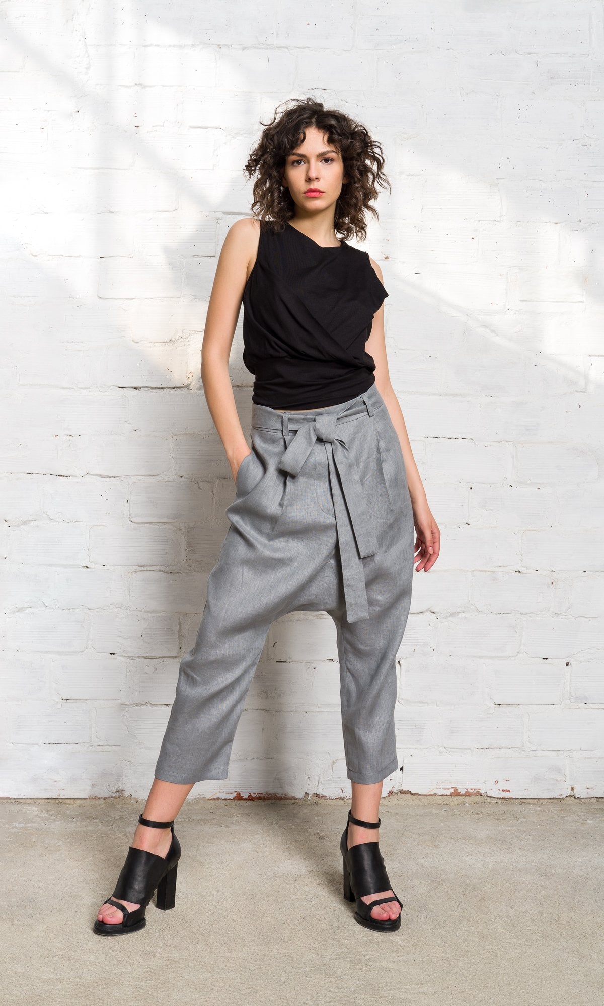 Linen Drop Crotch Pants with Belt - AAKASHA