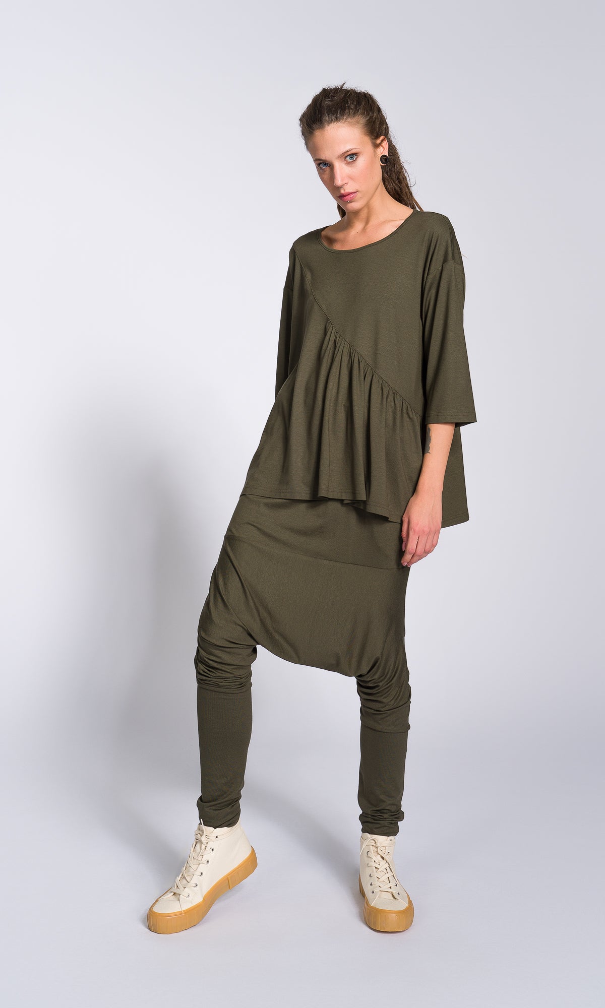 Two-piece Set of Blouse with Front Gathering and Loose Drop Crotch Pants